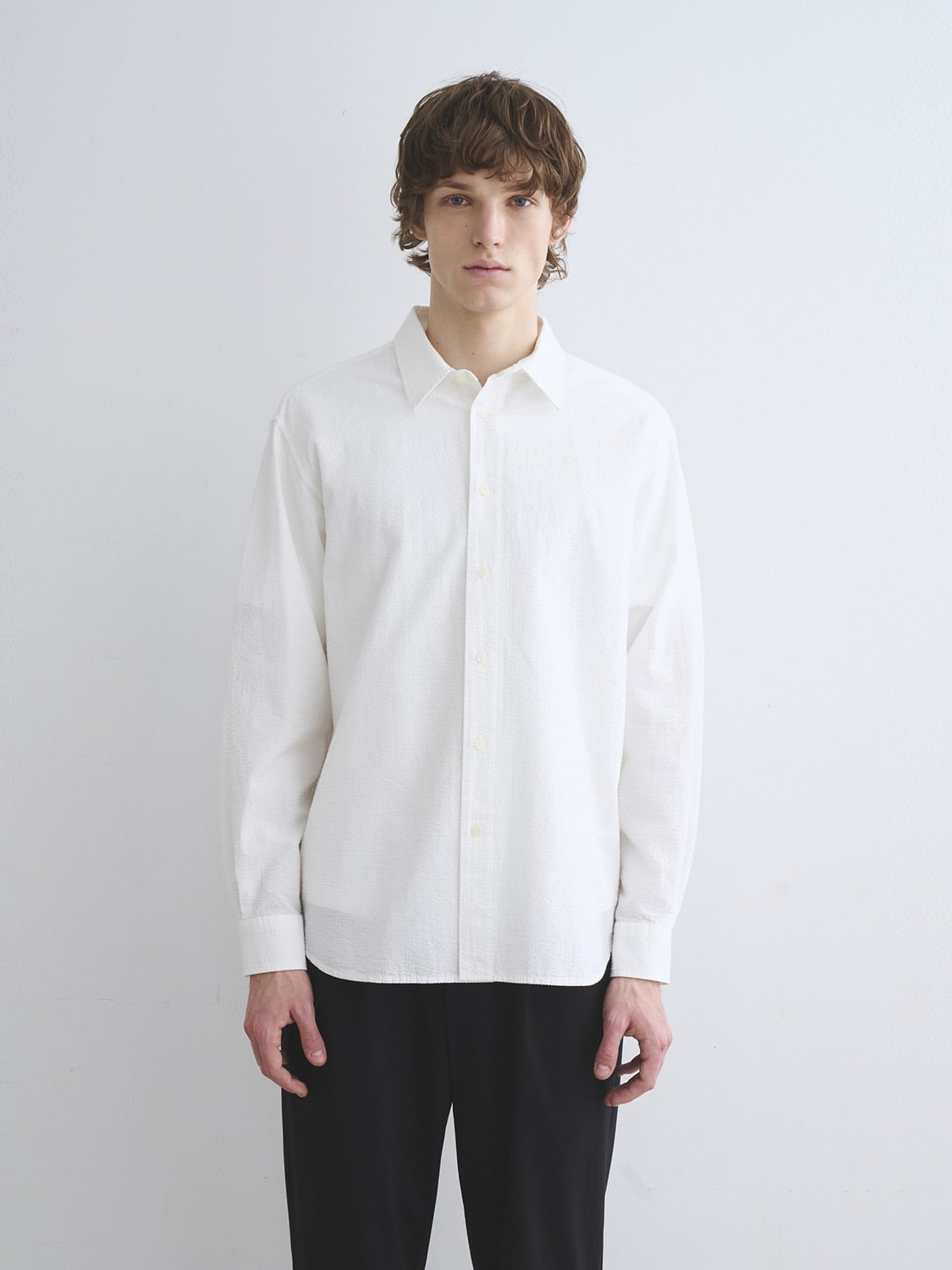 three dots Men's cottonseersucker l/s shirt スリードッツ トップス シャツ・ブラウス ネイビー ホワイト