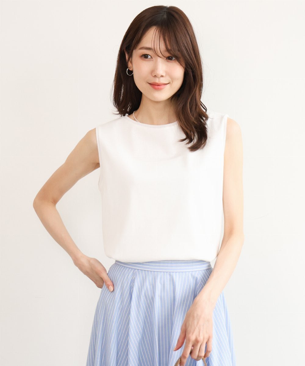 MK MICHEL KLEIN [洗える]シルケットフライス ノースリーブカットソー エムケーミッシェルクラン トップス カットソー・Tシャツ ホワイト ブラック