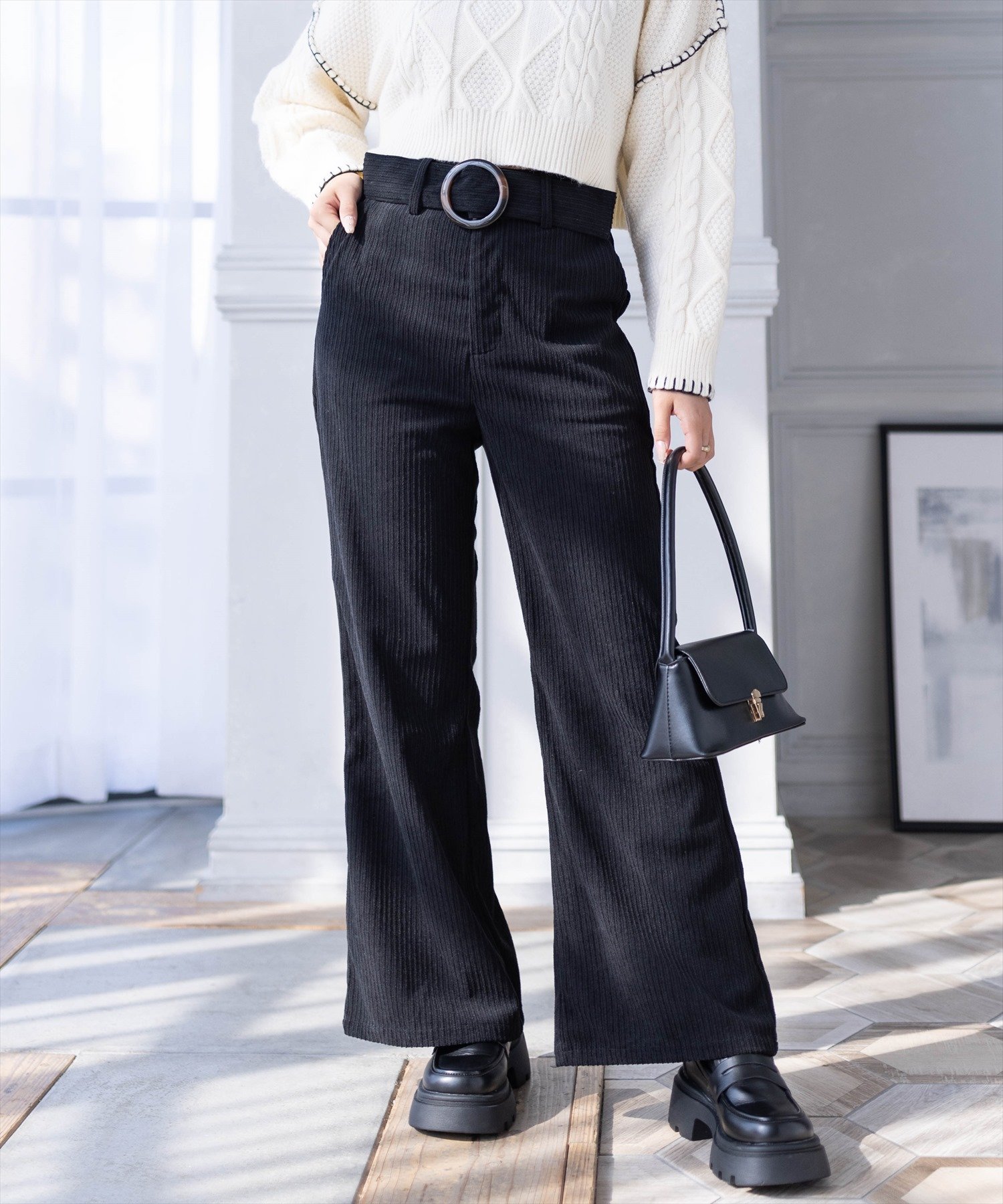 clear ベルト付きコーデュロイワイドフレアパンツ クリア パンツ その他のパンツ ブラック ピンク ブラウンのサムネイル