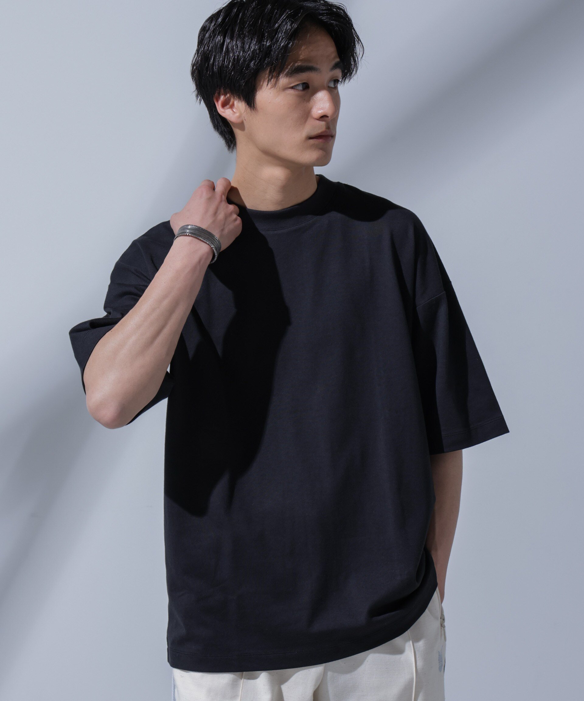 NANO universe Anti Soaked(R)汗染み防止 クルーネックビッグT ナノユニバース トップス カットソー・Tシャツ ブラック ホワイト ブルー