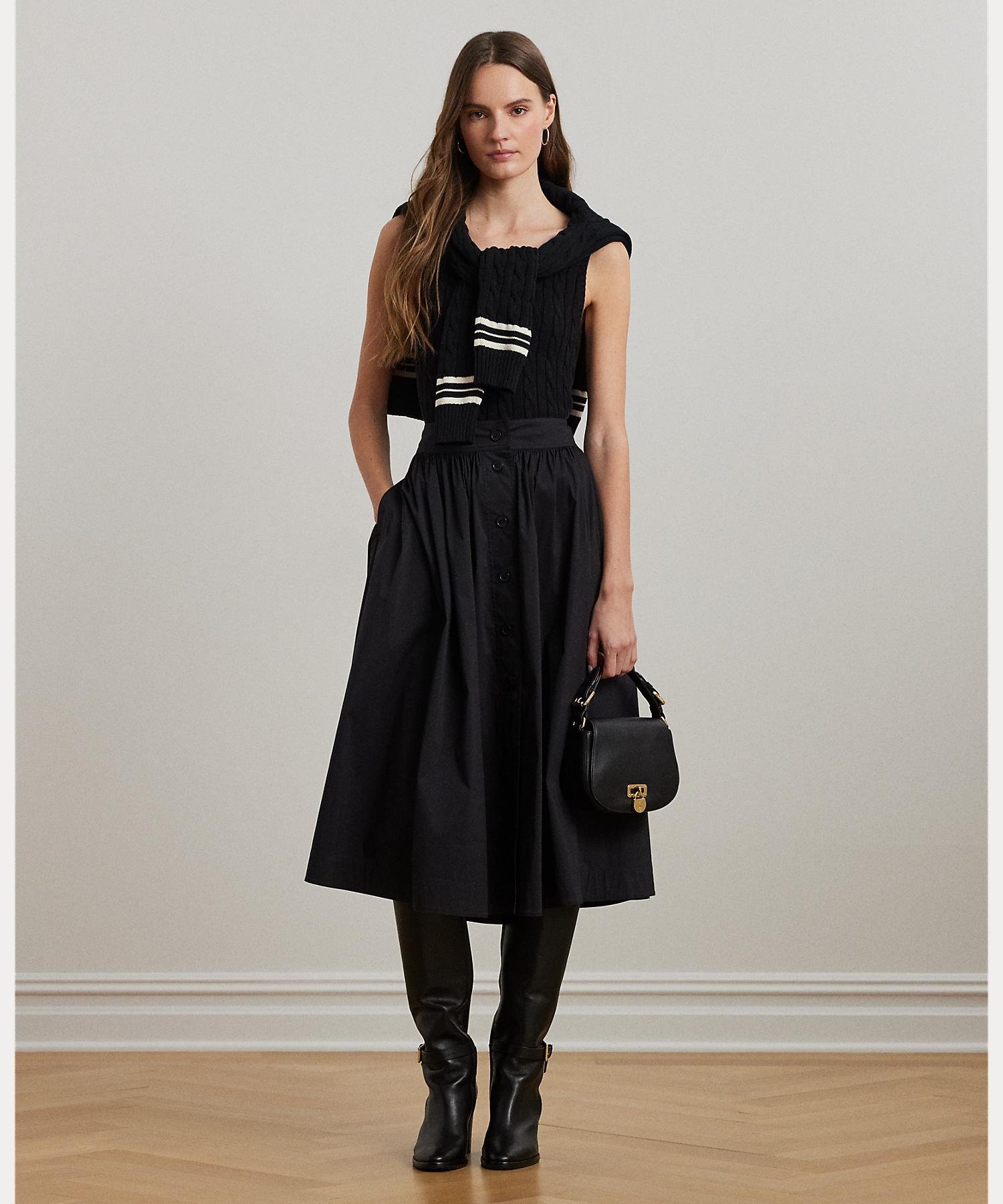 LAUREN RALPH LAUREN ボタンフロント コットンブレンド スカート ラルフローレン スカート その他のスカート ブラック【送料無料】