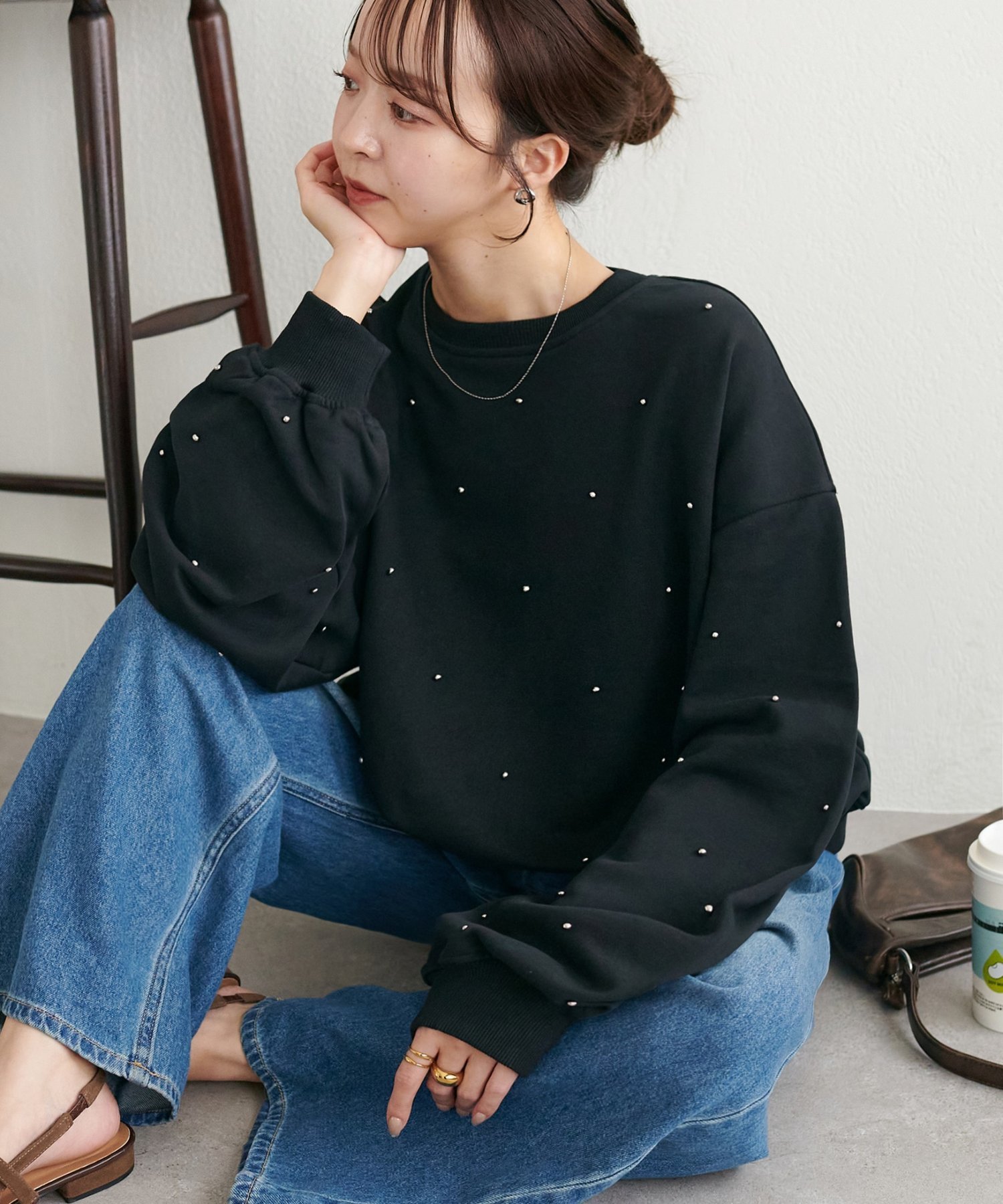 Discoat スタッズ使いスウェット ディスコート トップス カットソー・Tシャツ グレー ホワイト ブラック【送料無料】