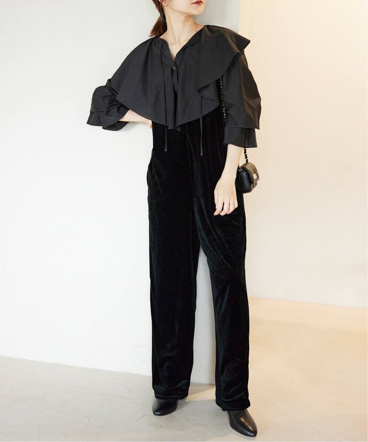 SLOBE IENA トリアセ混ベロアサロペット スローブ イエナ オールインワン・オーバーオール オーバーオール・サロペット ブラック カーキ【送料無料】のサムネイル