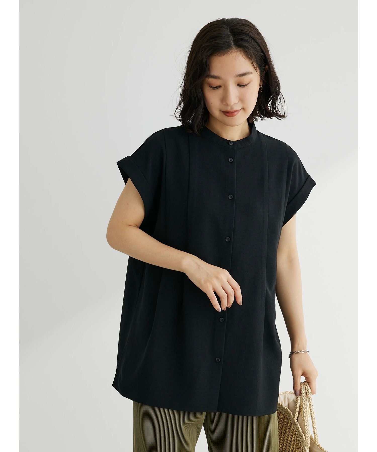 【SALE／30%OFF】Green Parks フレンチスリーブタックブラウス グリーンパークス トップス シャツ・ブラウス ブラック ベージュ イエロー ブルーのサムネイル