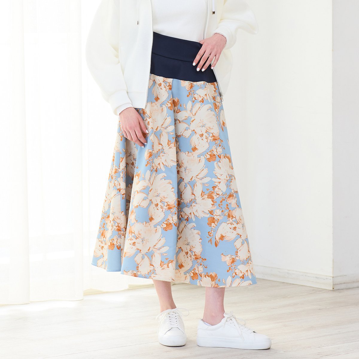 【SALE／50%OFF】R-ISM 【セットアップ対応・洗える・S/M/Lサイズ】ウォーターカラーペイントスカート リズム スカート その他のスカート ホワイト【送料無料】