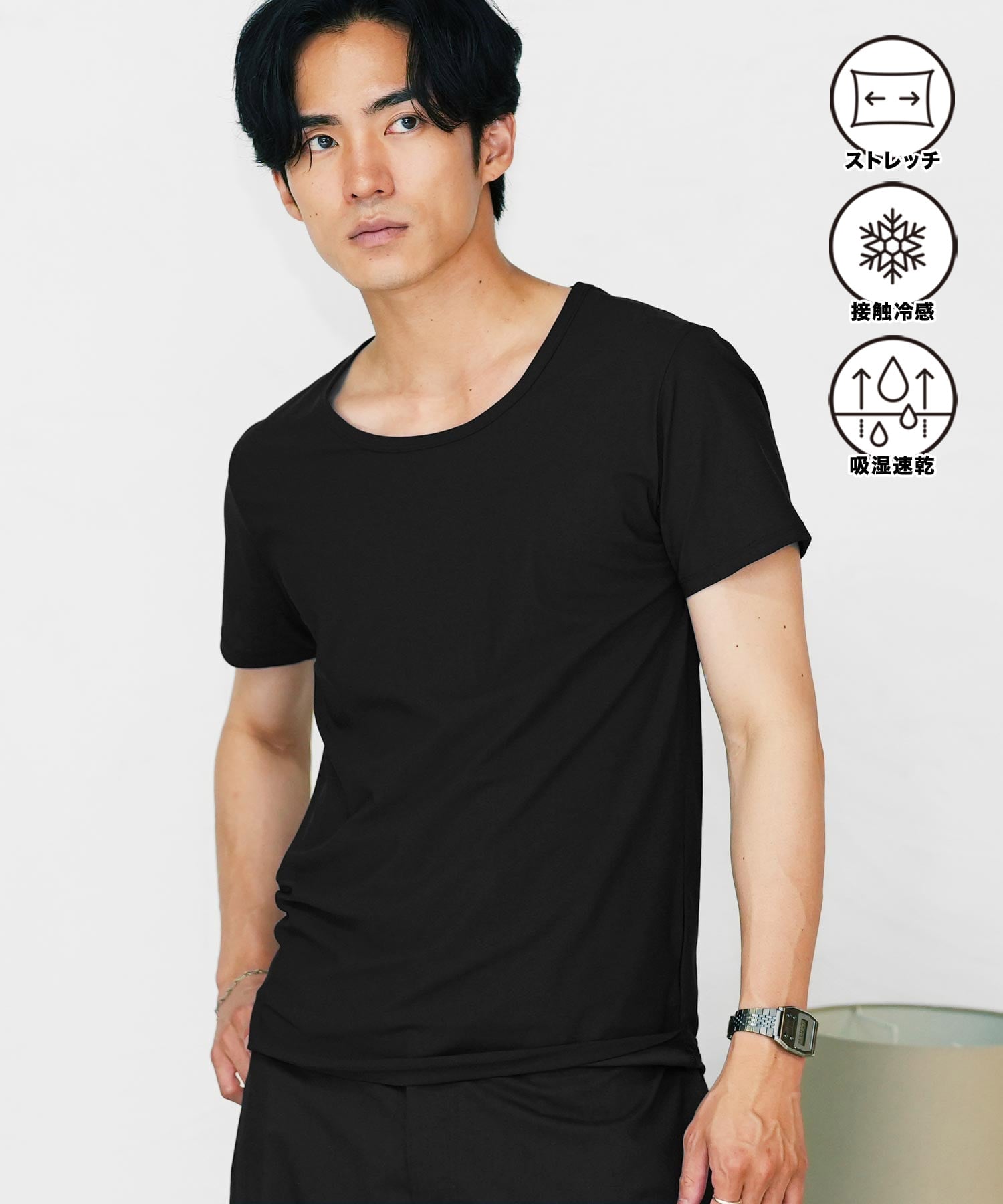 JIGGYS SHOP SELECT 接触冷感 インナーTシャツ Uネック 吸汗速乾 半袖 ストレッチ 春夏 26SS ジギーズショップ トップス カットソー・Tシャツ ブラック ホワイト