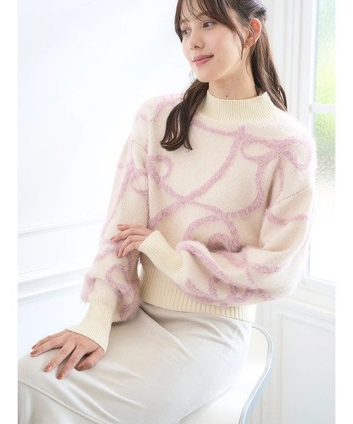 Ludic Park 【バレエコア】シャギーリボンジャガードニット ルディックパーク トップス ニット ピンク ブルー ブラック