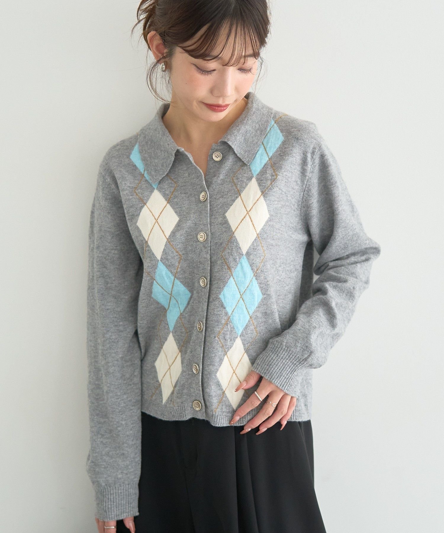 earth music&ecology 【予約】襟付きアーガイルニットカーディガン アースミュージック&エコロジー トップス カーディガン ネイビー ブラウン グレー【送料無料】のサムネイル