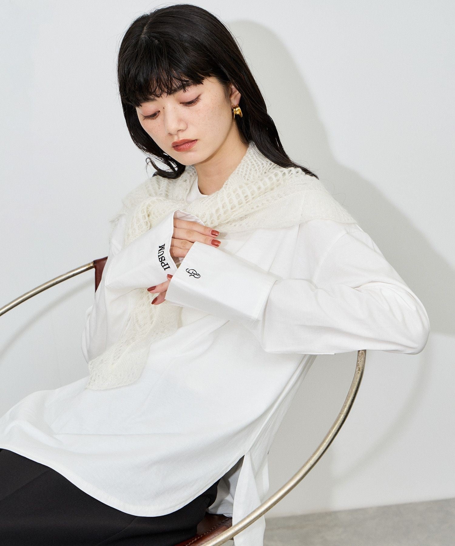シャツカフスロングスリーブTシャツ アダムエロペ トップス シャツ・ブラウス ブルー ホワイト