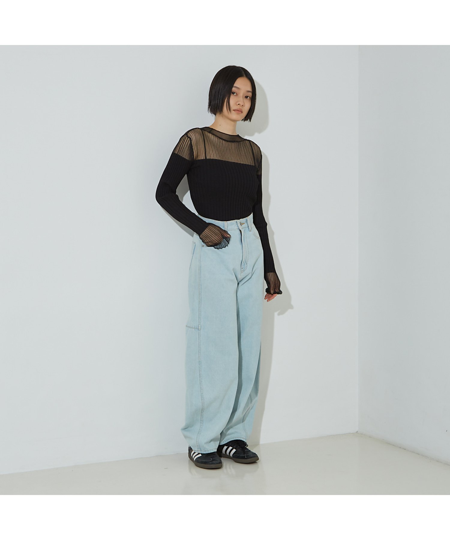 NOMINE 【iocus】シアーボーダーニット ノミネ トップス ニット ブラック ホワイト