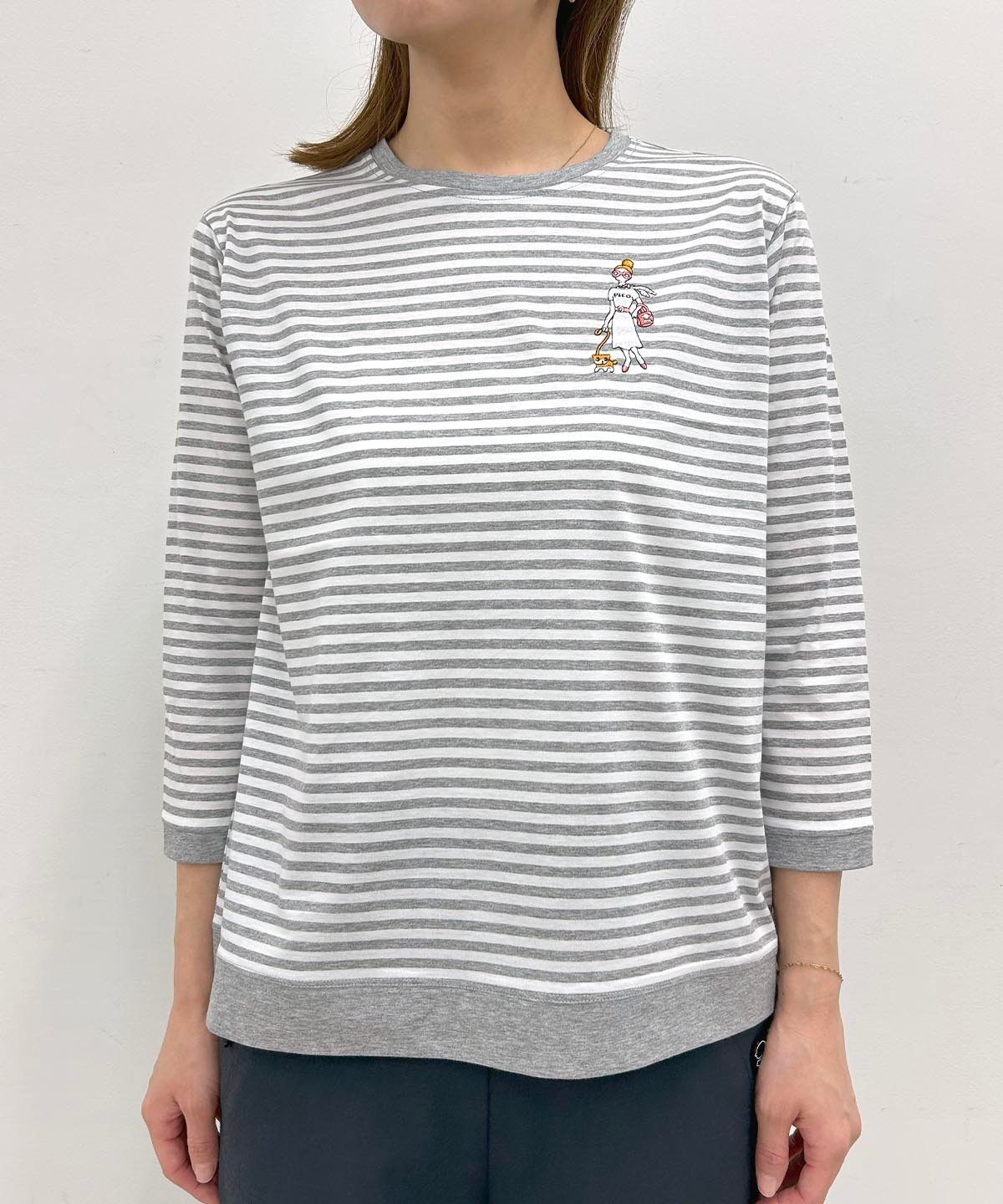 STUDIO PICONE 【オンラインストア・店舗限定商品】冷感ボーダー七分袖Tシャツ スタジオピッコーネ トップス カットソー・Tシャツ ブラック グレー【送料無料】