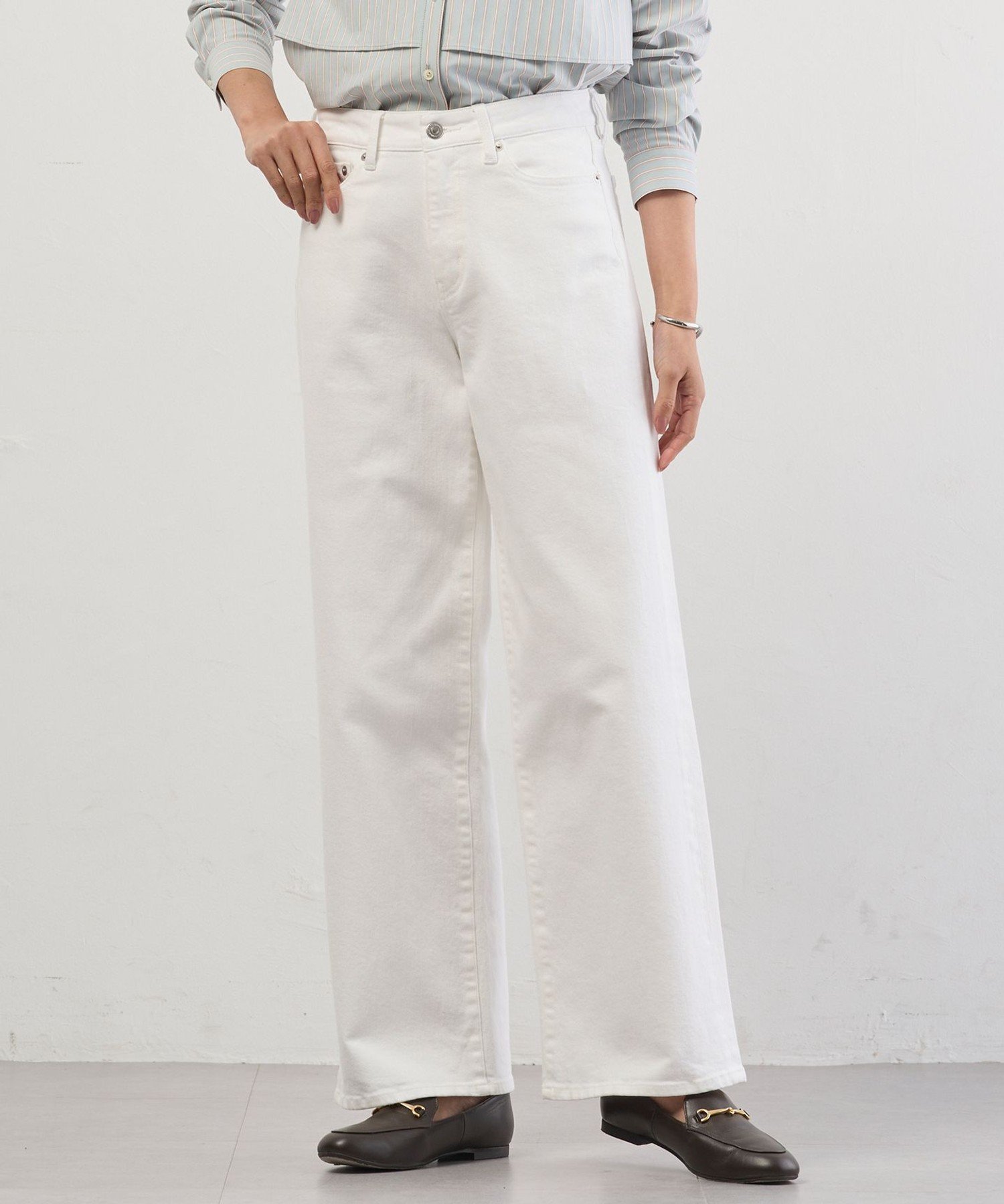 J.PRESS LADIES L 【洗える】BASIC STRETCH DENIM ワイド ストレート デニム ジェイプレス パンツ ジーンズ・デニムパンツ ブルー ホワイト