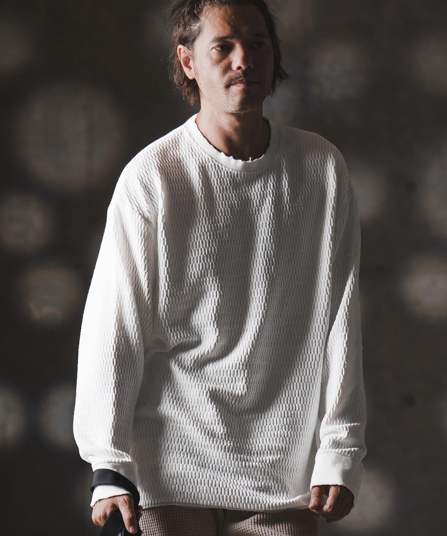 GLIMCLAP mlt5299-Jacquard texture cut sew-Distressed for a vintage look- ロ カンビオ トップス カットソー・Tシャツ ホワイト ブラック【送料無料】