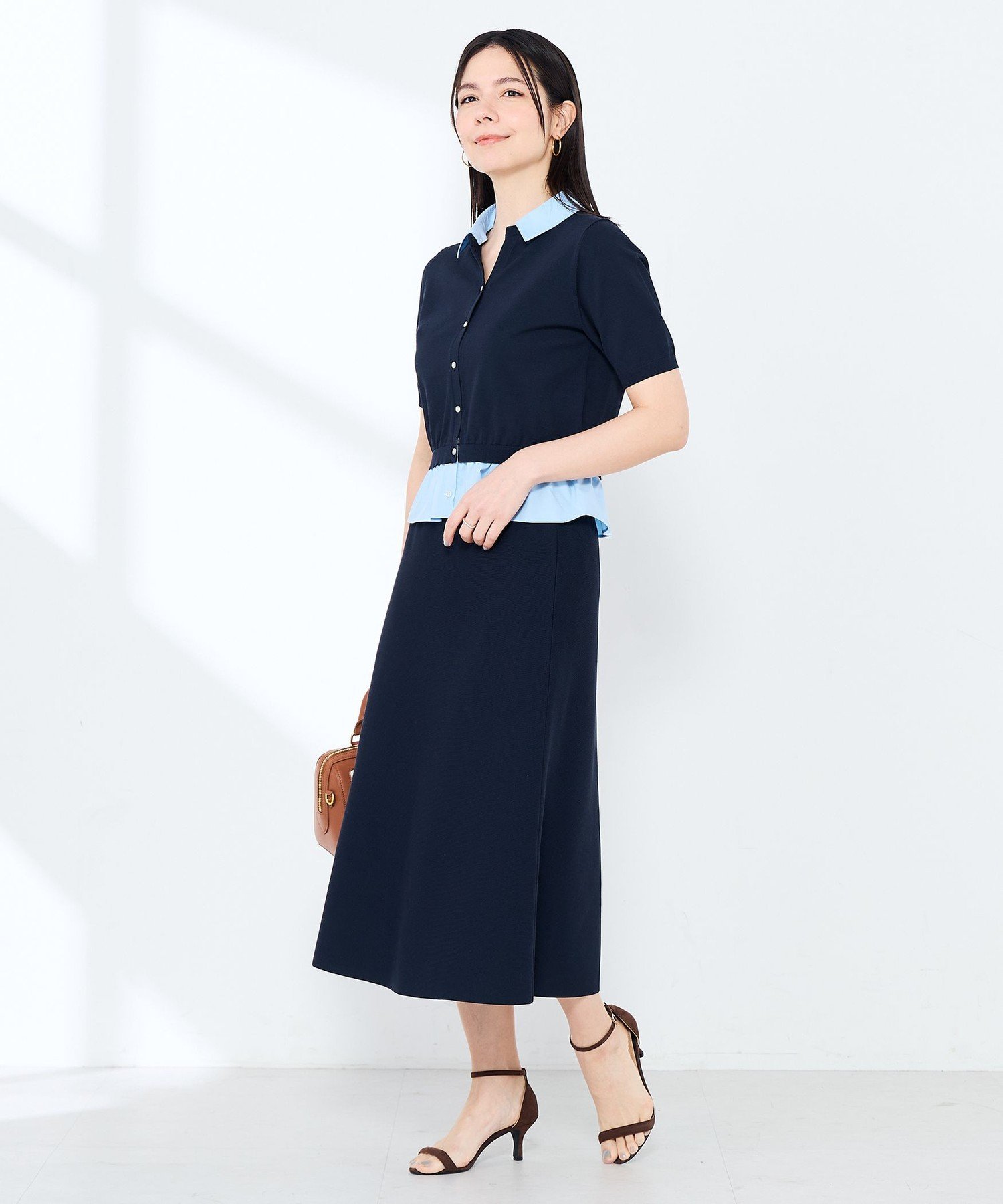 NOLLEY'S sophi 《手洗い可能/セットアップ対応》布帛襟取り外し可裾布帛半袖カーディガン ノーリーズ トップス カーディガン ホワイト ネイビー【送料無料】