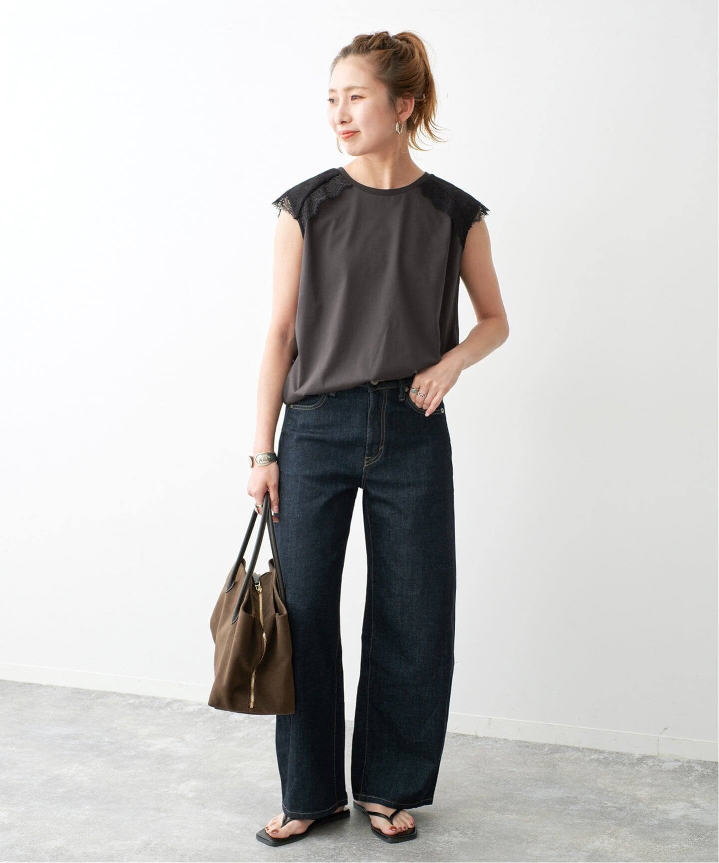 Spick & Span レースコンビフレンチスリーブTシャツ スピックアンドスパン トップス カットソー・Tシャツ グレー ホワイト