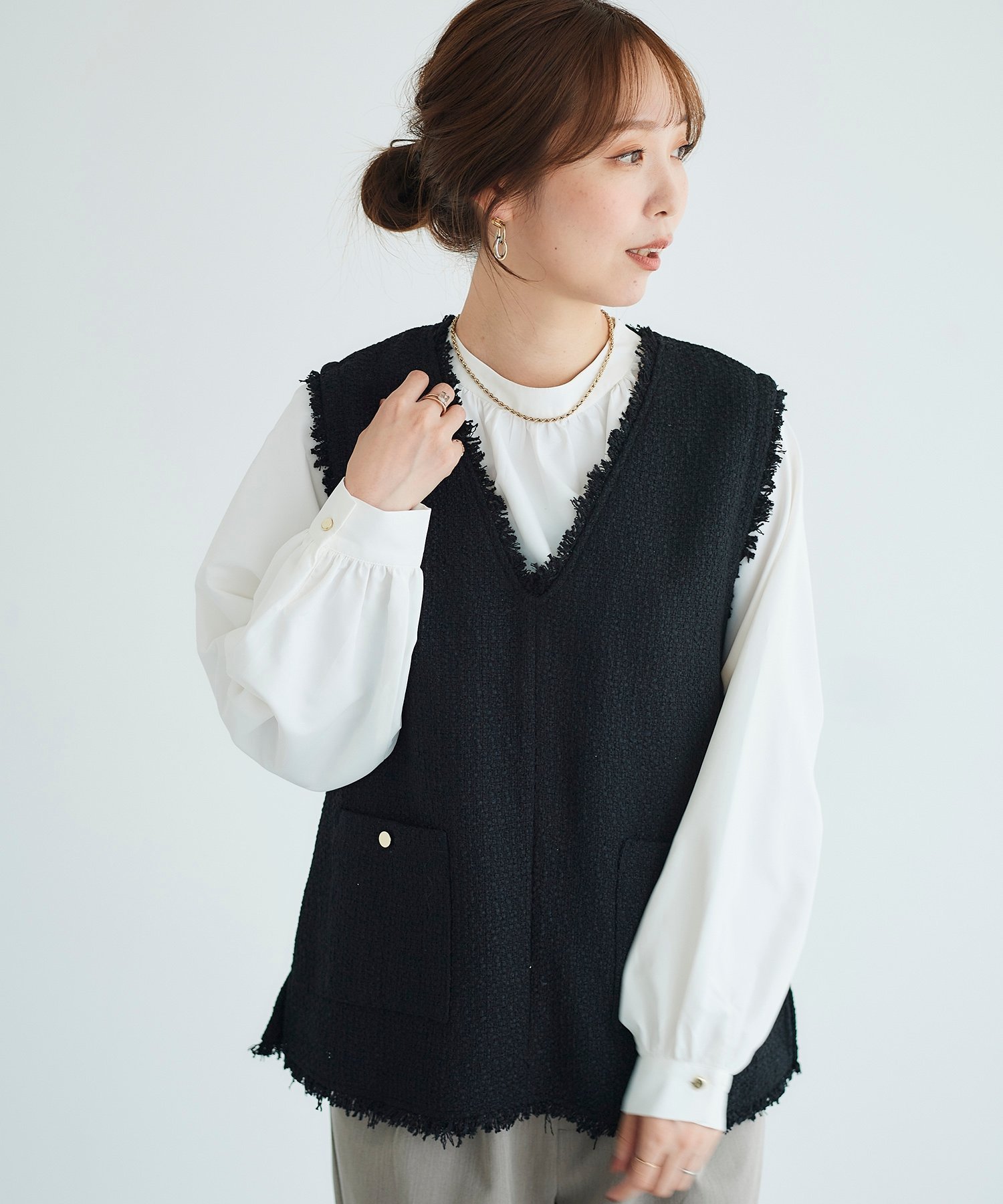 【SALE／30%OFF】le.coeur blanc ツイードベスト*ギャザーブラウスセット ルクール...