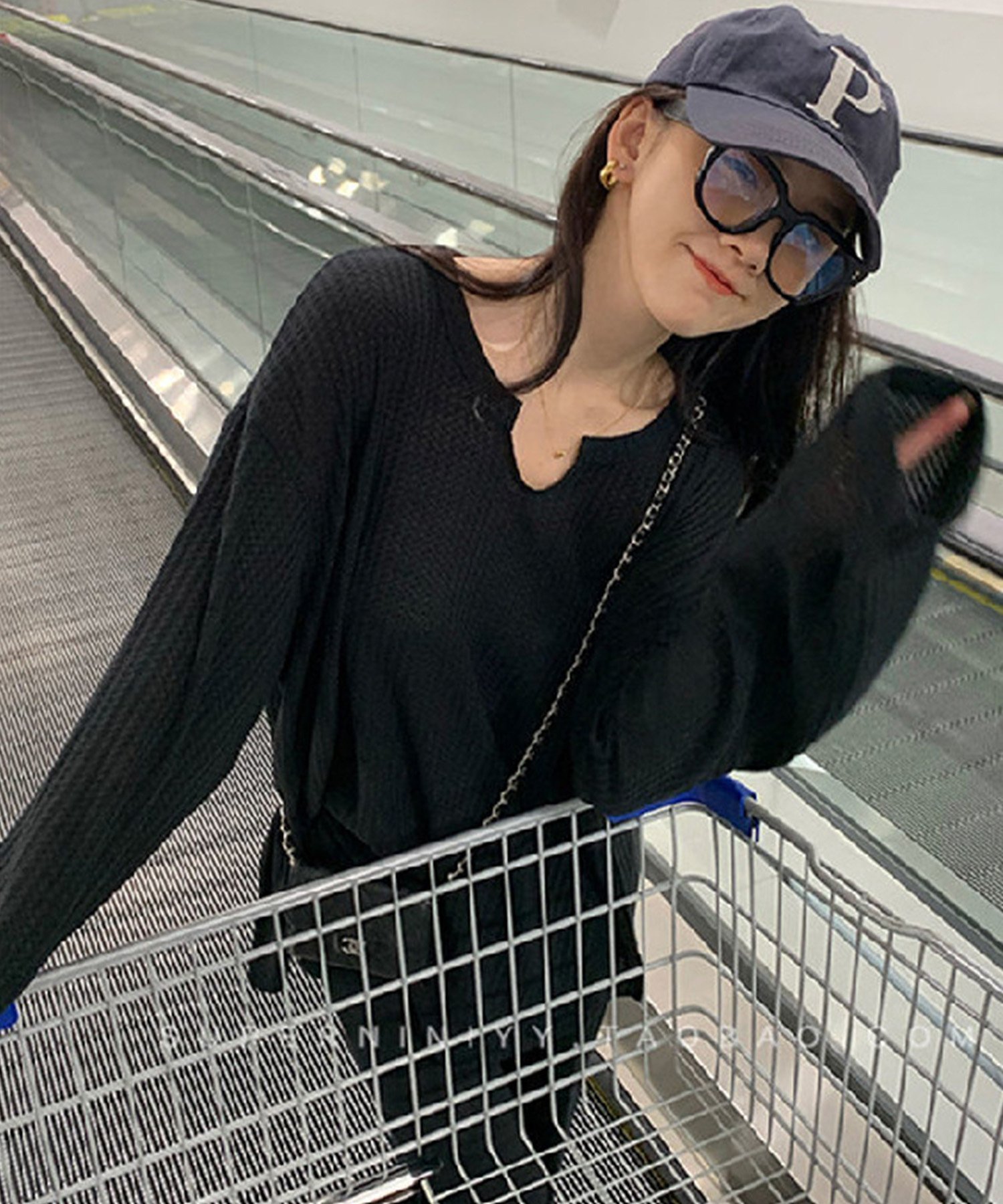 【SALE／10 OFF】DEVICE select オーバーサイズ ヘンリーネック サーマル ロンT レディース デバイス トップス カットソー Tシャツ ブラック ホワイト