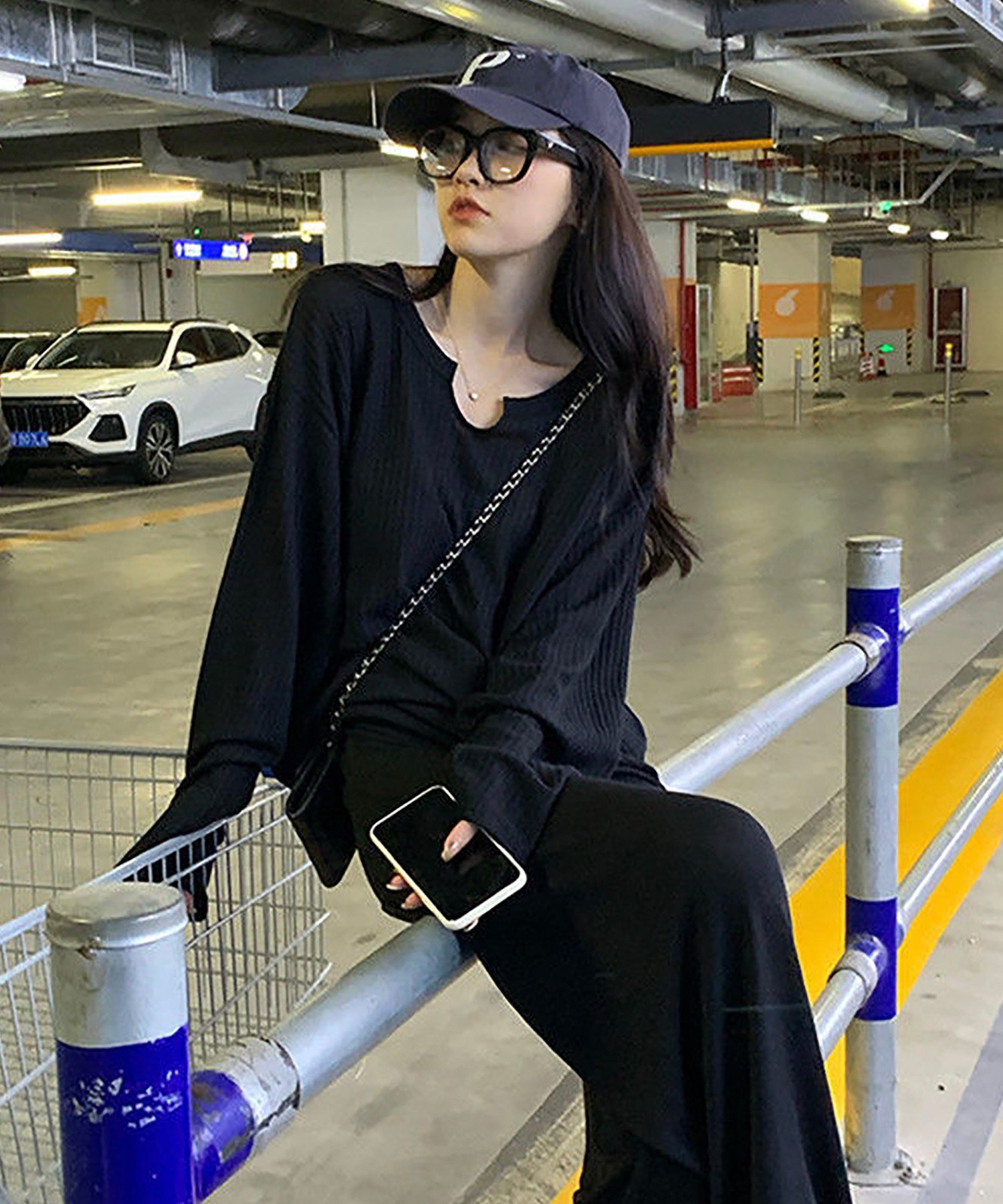 DEVICE select オーバーサイズ ヘンリーネック サーマル ロンT レディース デバイス トップス カットソー・Tシャツ ブラック ホワイト