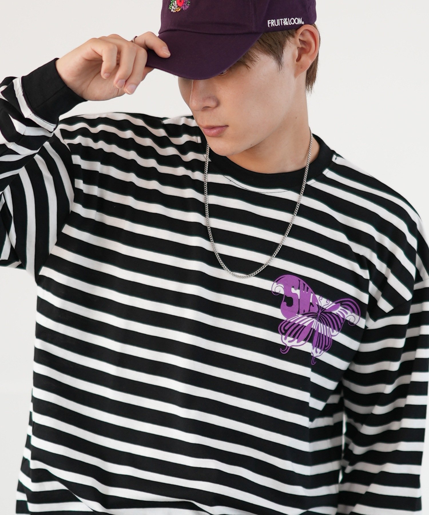 【SALE/30%OFF】SIDEWAY STANCE SIDEWAY STANCE サイドウェイスタンス バタフライ ボーダー 長袖Tシャツ インプローブス トップス カットソー・Tシャツ ホワイト ブラック