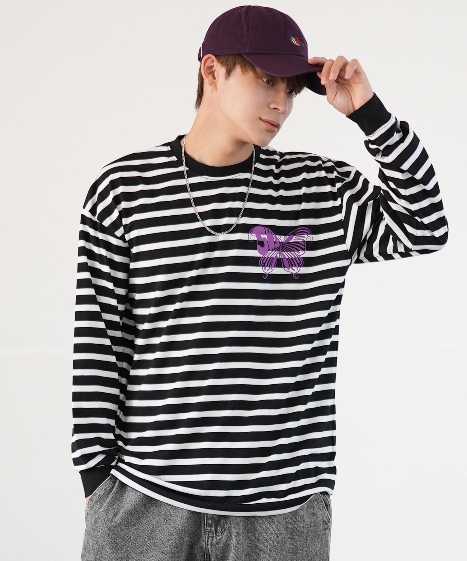 【SALE／61%OFF】SIDEWAY STANCE SIDEWAY STANCE サイドウェイスタンス バタフライ ボーダー 長袖Tシャツ インプローブス トップス カットソー・Tシャツ ホワイト ブラック