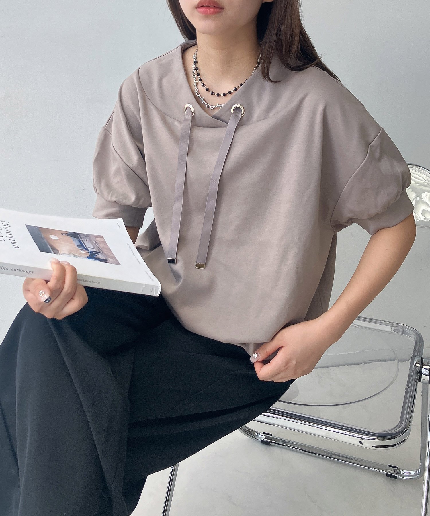 【SALE／33%OFF】AS KNOW AS plus ◎衿抜きデザイン半袖プルオーバー アズノゥアズプラス トップス カットソー・Tシャツ ブラック グレー ホワイト【送料無料】