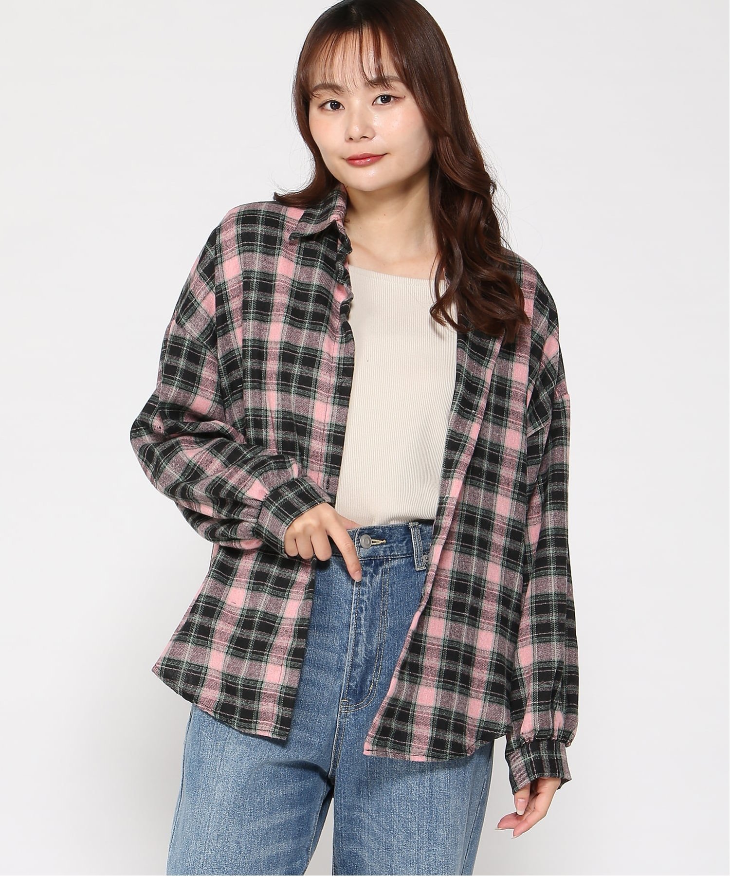 VIVID LADY VIVID LADY/(W)ブラッシュドチェック オーバーシャツ ビビッドレディー トップス シャツ・ブラウス ピンク ブルー