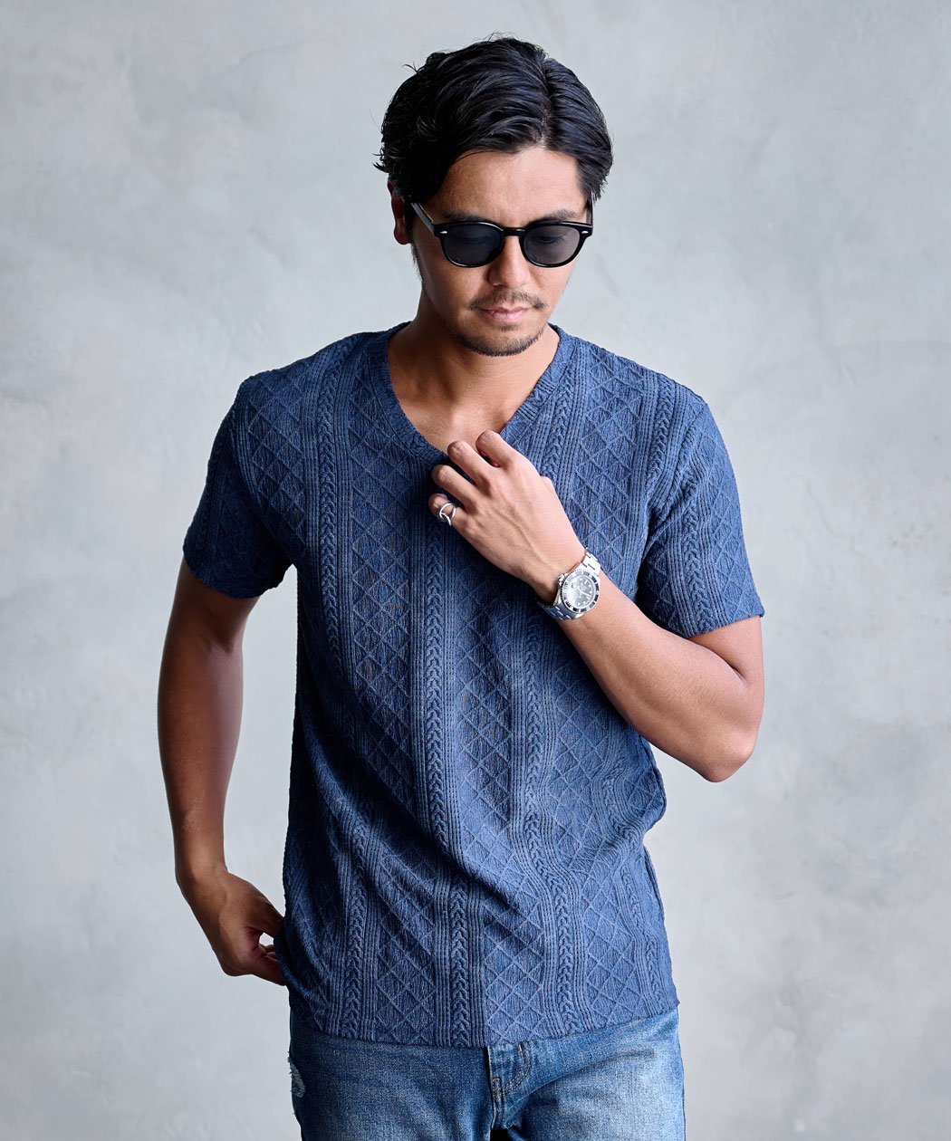 CavariA 汚し加工格子ケーブル半袖VネックTEE シルバーバレット トップス カットソー・Tシャツ ネイビー グレー ブラック