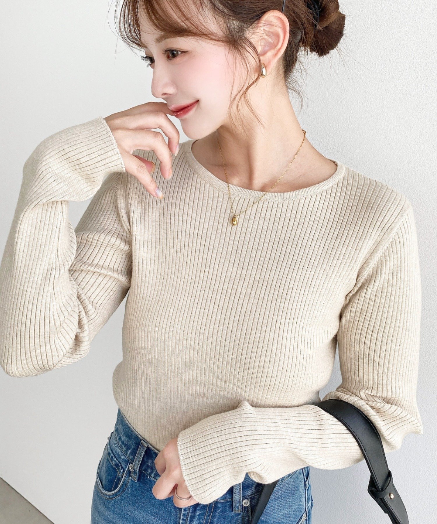 moment+ クルーネックリブニットプルオーバー モーメントプラス トップス ニット ワインレッド ブラウン ベージュ ブラック ネイビー グレー ホワイト