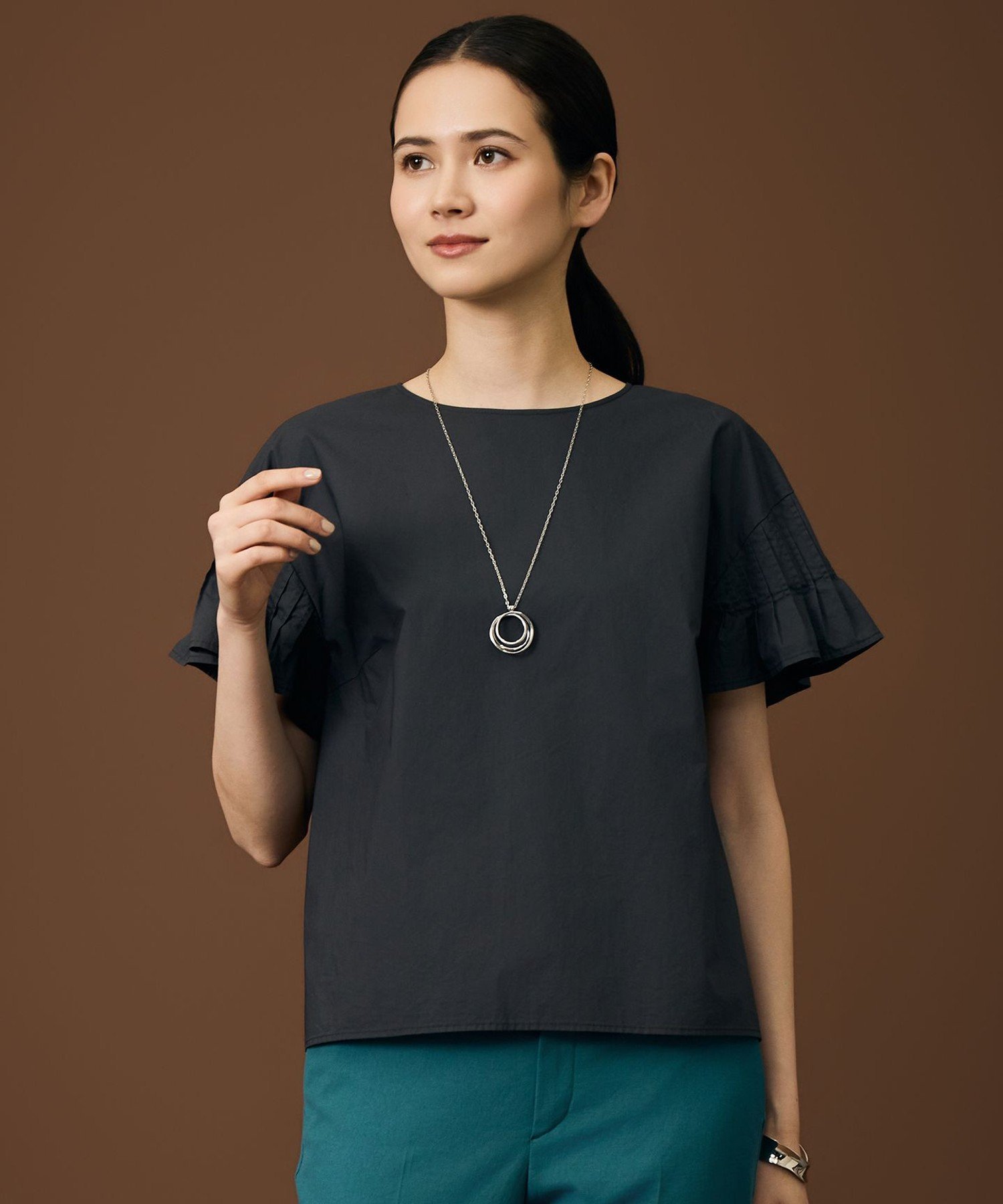 自由区 【SHIHOさん着用・セットアップ対応】 ハイカウントブロード ブラウス ジユウク トップス シャツ・ブラウス ブラウン グレー ブルー
