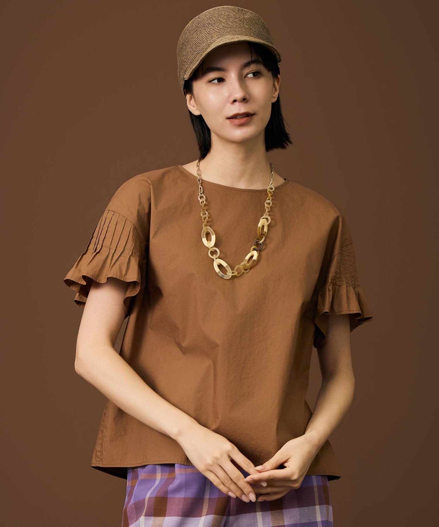 自由区 【SHIHOさん着用・セットアップ対応】 ハイカウントブロード ブラウス ジユウク トップス シャツ・ブラウス ブラウン グレー ブルー