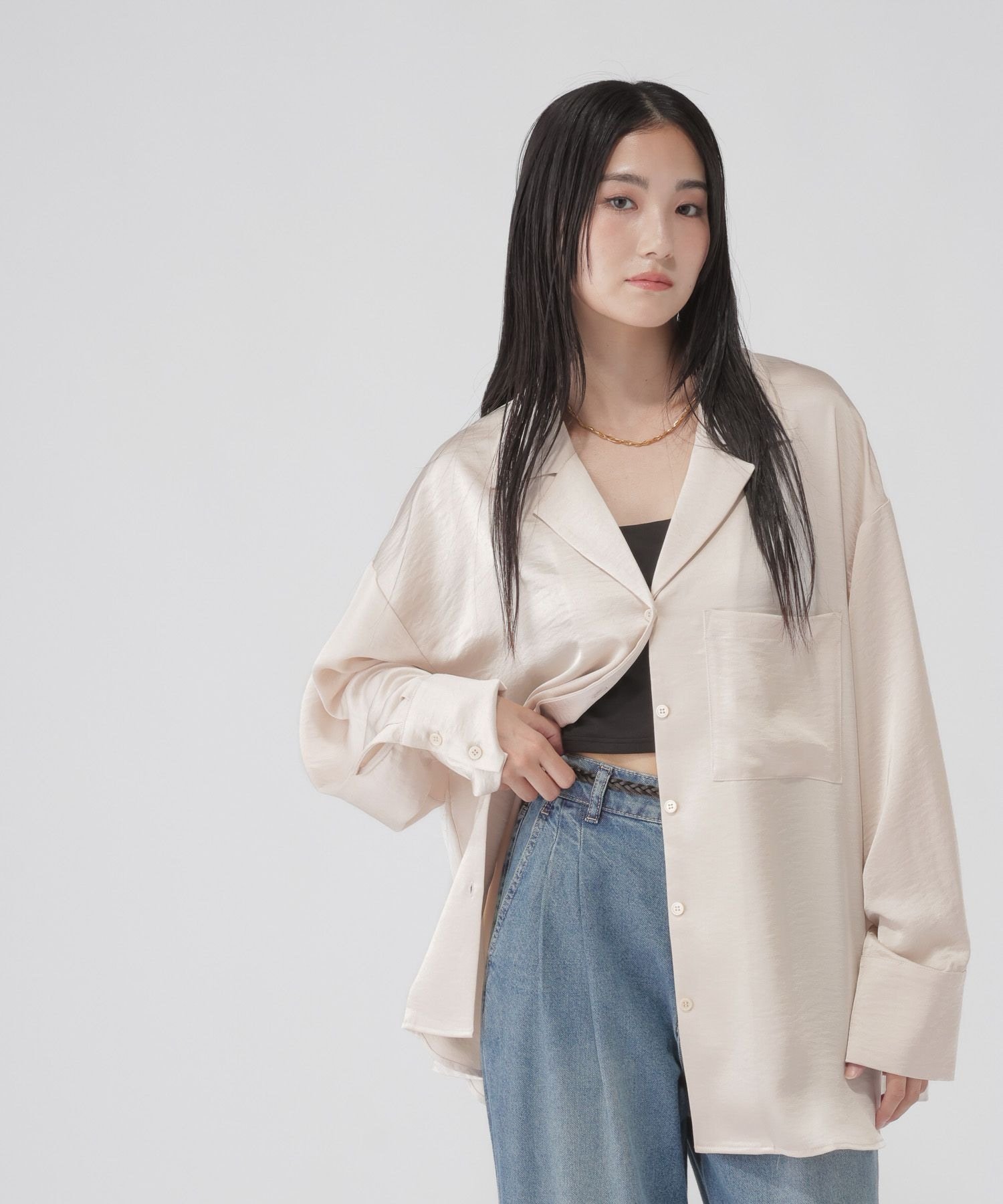 GLOBAL WORK BIGサテンシャツ/一部店舗限定/1052119 グローバルワーク トップス シャツ・ブラウス ホワイト ブラウン【送料無料】 stylife-15831785 Rakuten Fashion サンプル画像2