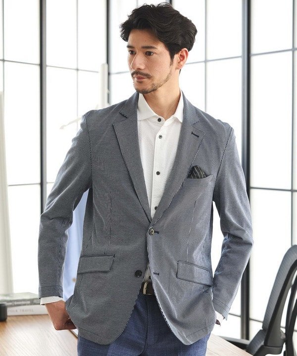 【SALE／60%OFF】UNION STATION シルケットストライプジャガードテーラードジャケット メンズ ビギ ジャケット・アウター テーラードジャケット・ブレザー ネイビー ブラック【送料無料】