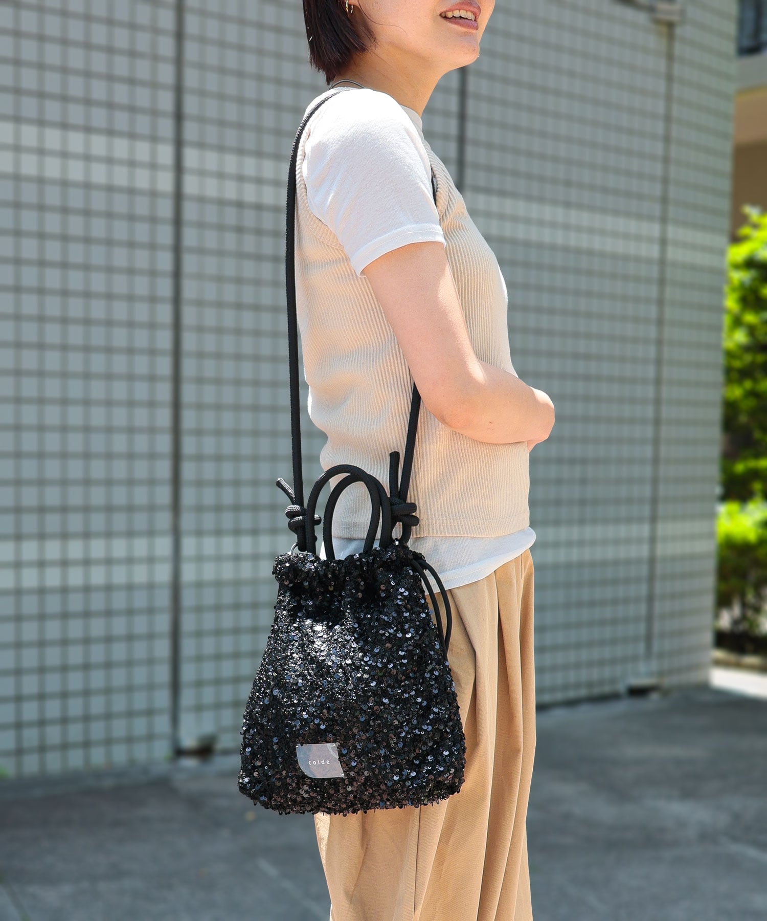 COLDE 【2way/オールシーズン/軽量】スパンコール2way巾着トートバッグ トライシル バッグ トートバッグ ブラック シルバー【送料無料】