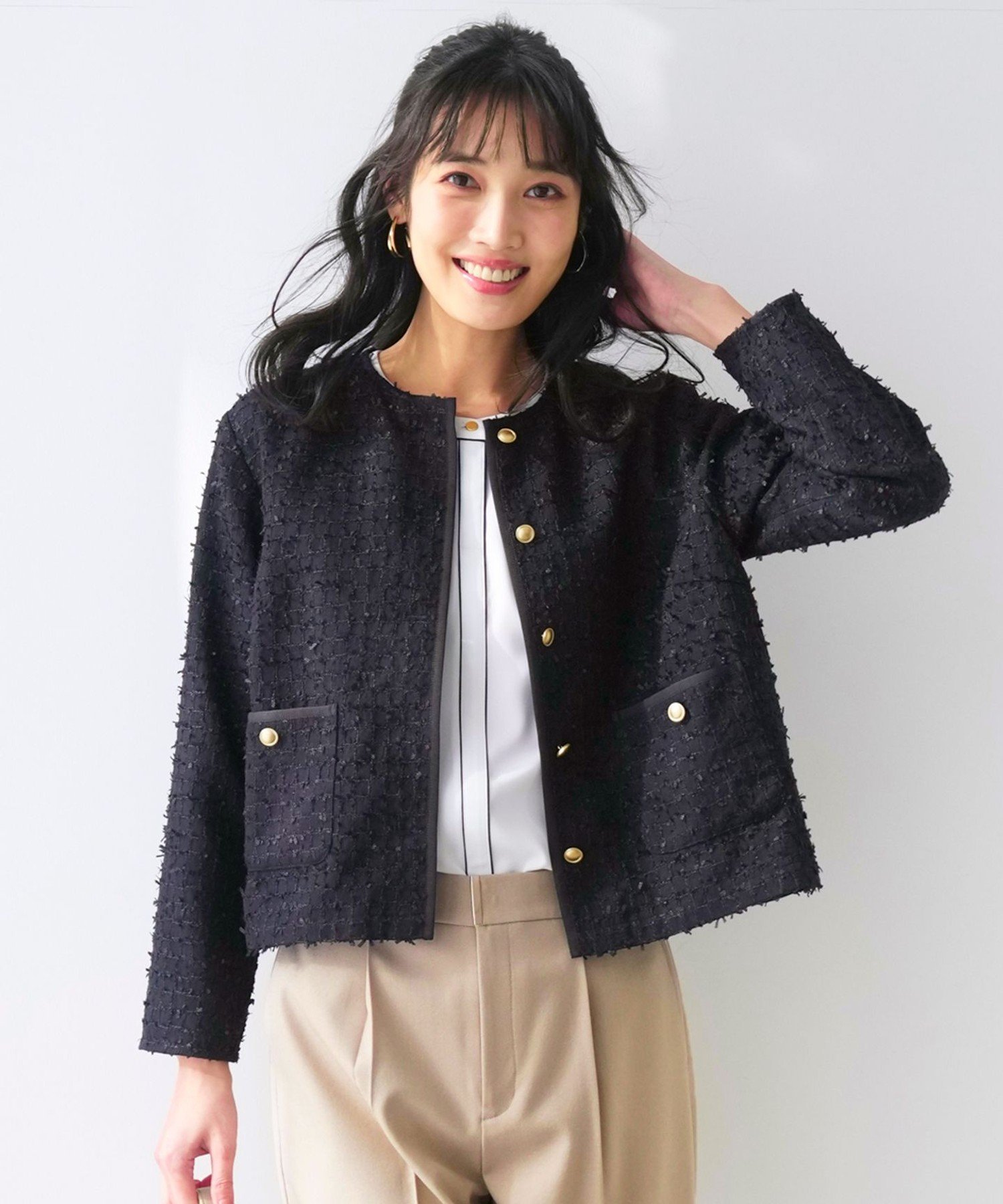 ANY SIS リボンヤーンライトツイード ジャケット エニィスィス ジャケット・アウター ノーカラージャケット ネイビー ホワイト【送料無料】