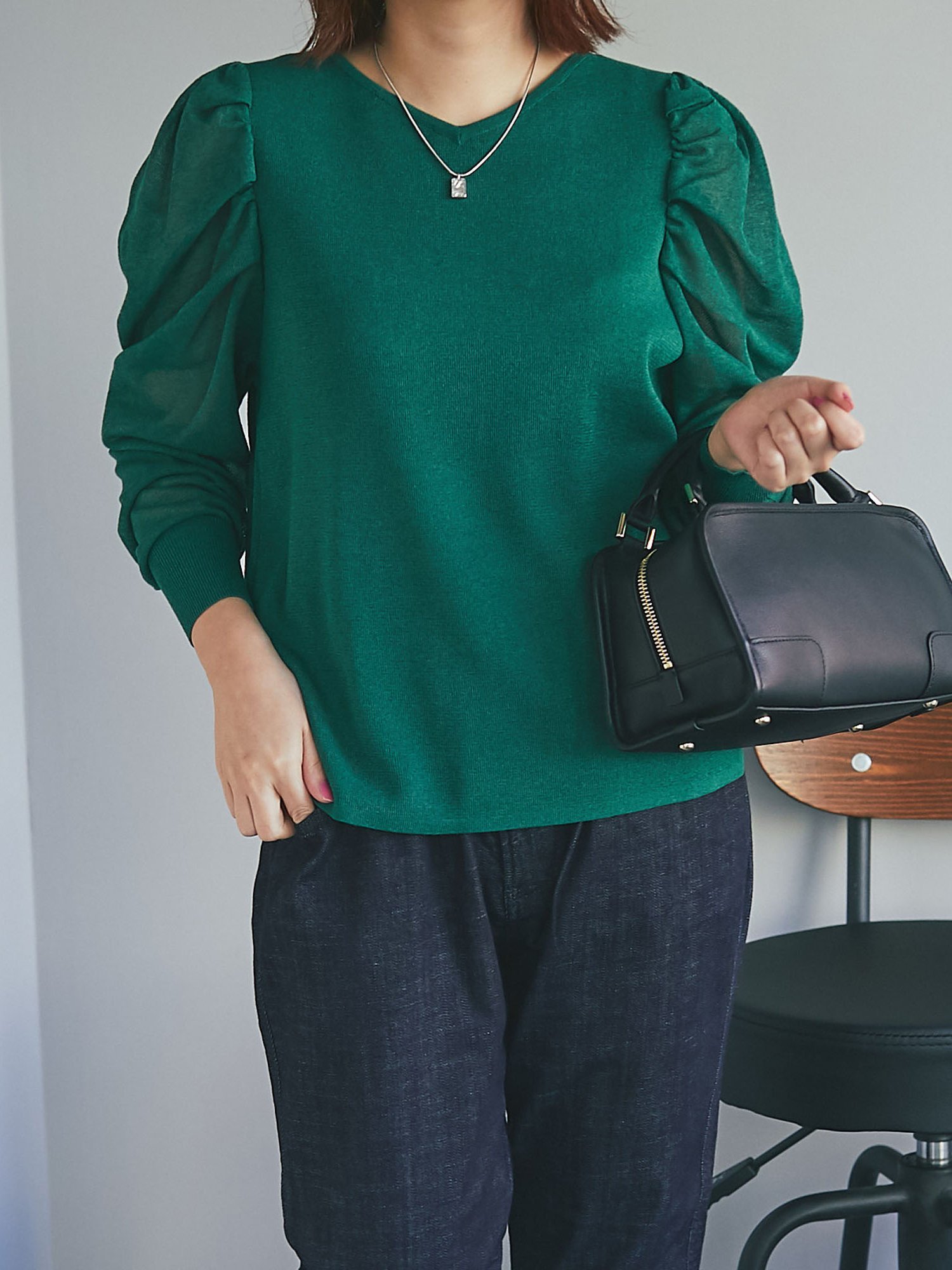 【SALE／70%OFF】un dix cors 【ショルダーがポイント】2WAYシアーパワショルニット アンディコール トップス ニット グリーン ブラック ホワイト ベージュのサムネイル