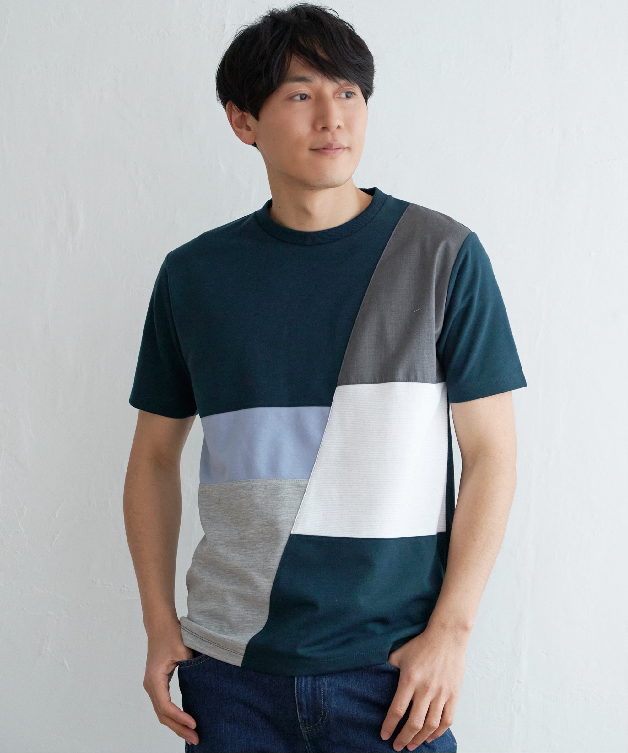 ikka ブロックスポンチ切り替えTシャツ イッカ トップス カットソー・Tシャツ ホワイト ブルー グリーン ネイビー
