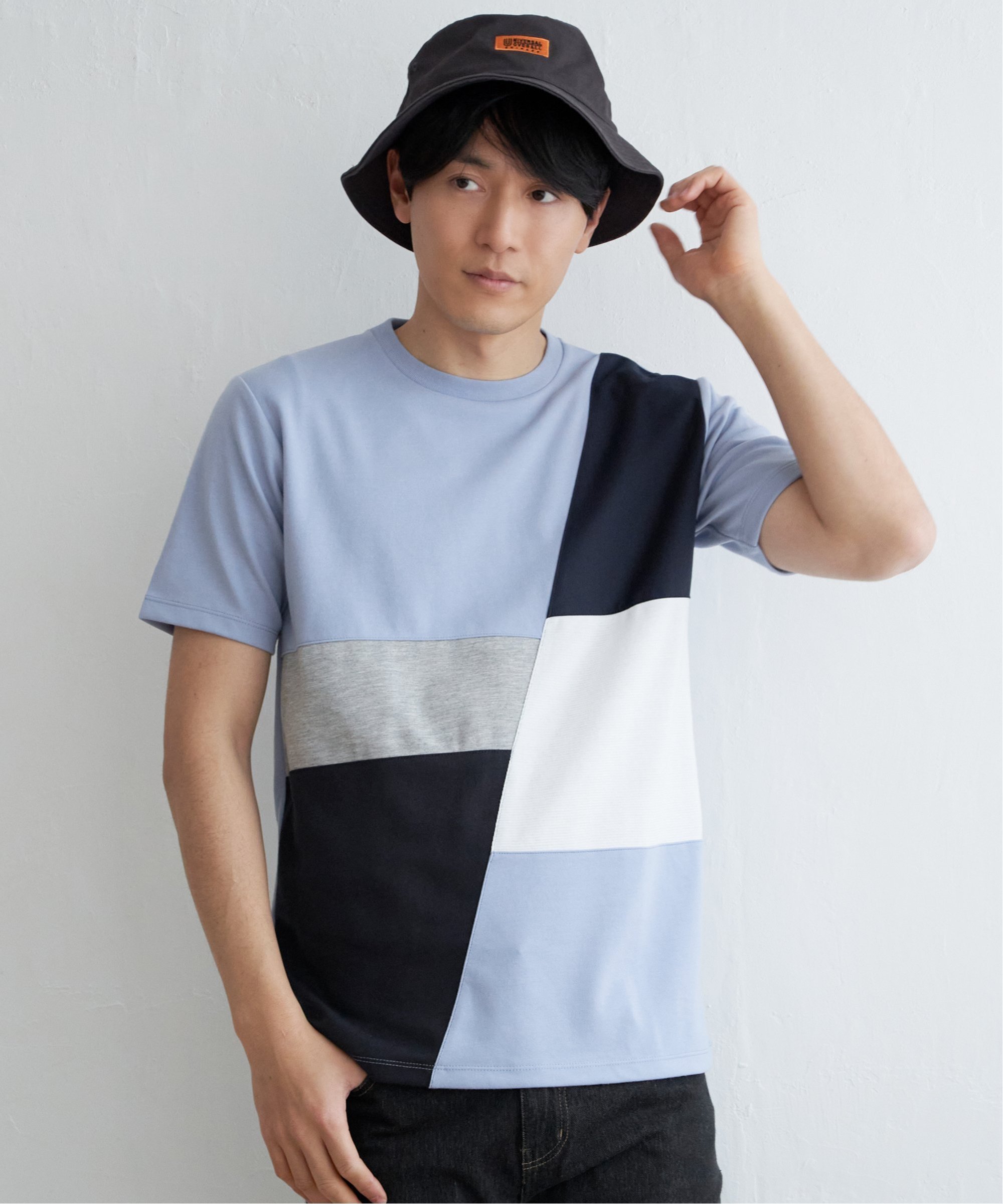 ikka ブロックスポンチ切り替えTシャツ イッカ トップス カットソー・Tシャツ ホワイト ブルー グリーン ネイビー