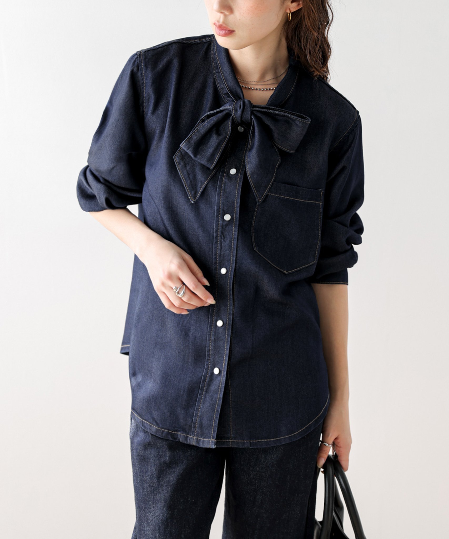 La-gemme ボウタイ デニムシャツ ラジュール トップス シャツ・ブラウス ブルー ネイビー