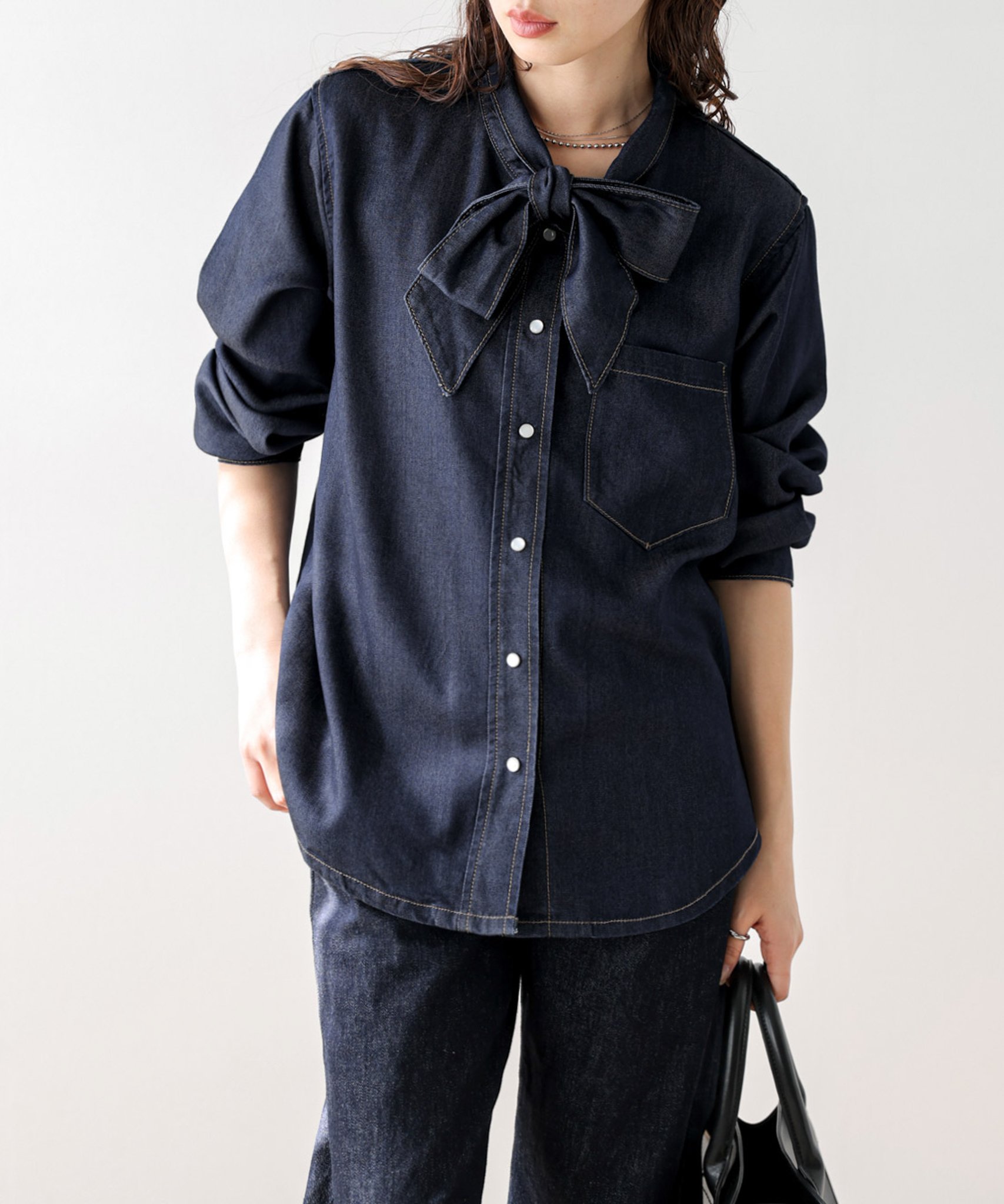 La-gemme ボウタイ デニムシャツ ラジュール トップス シャツ・ブラウス ブルー ネイビー