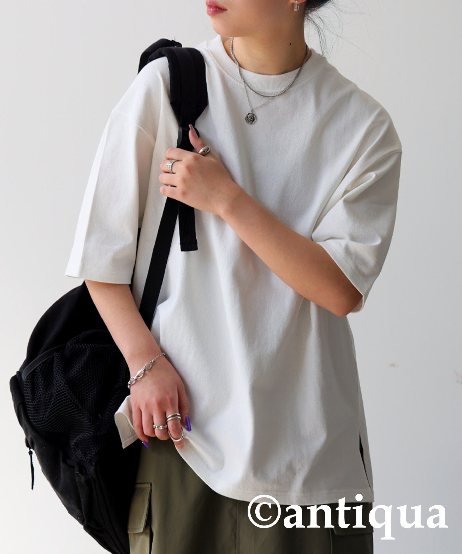 [antiqua] 綿100%オーバーサイズバスクTシャツ レディース メンズ ZA-00050W アンティカ トップス カットソー・Tシャツ ベージュ ブラック ホワイト グレー ブルー
