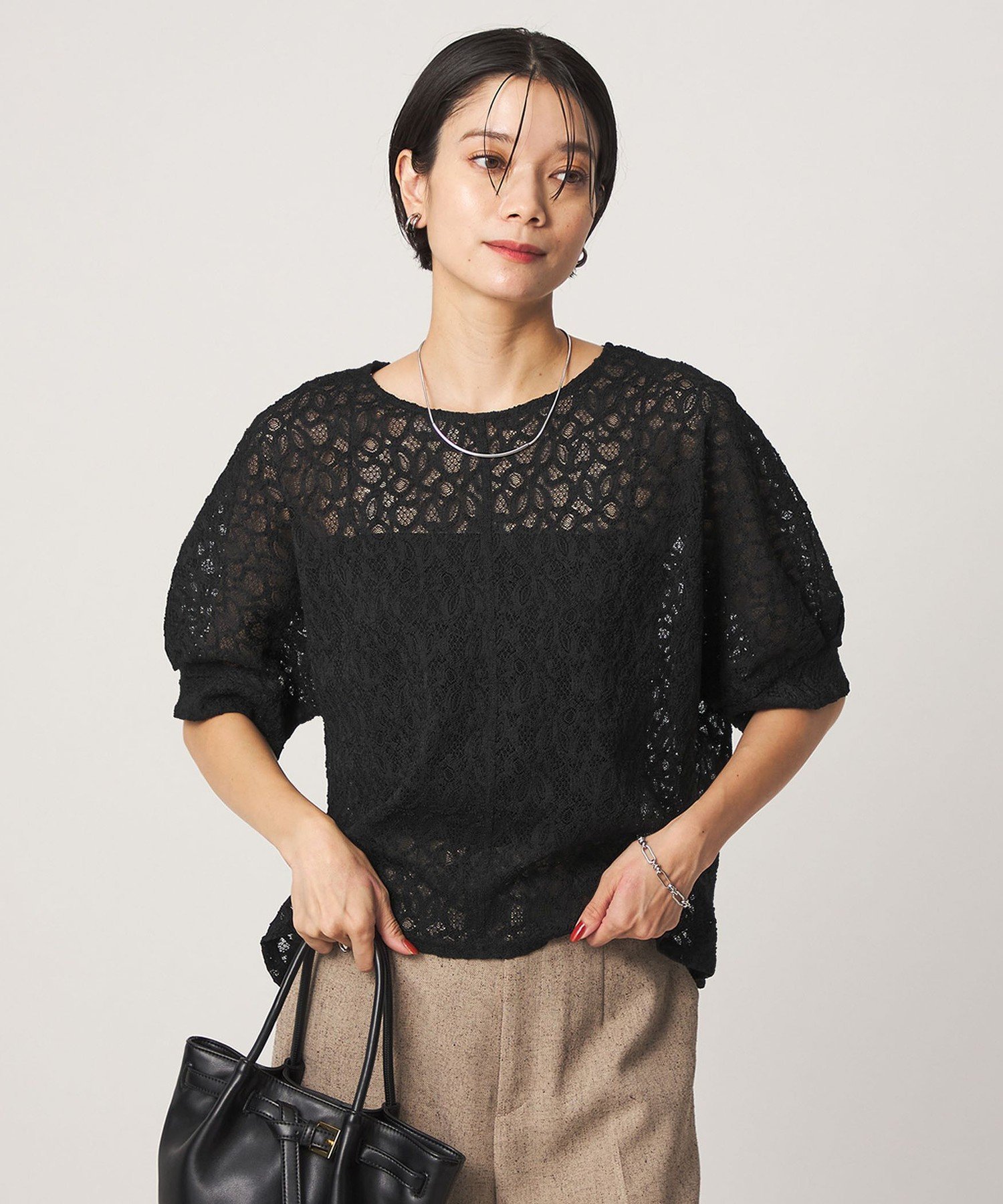 レース プルオーバー カットソー ユナイテッドアローズ グリーンレーベルリラクシング トップス カットソー・Tシャツ ホワイト ブラック