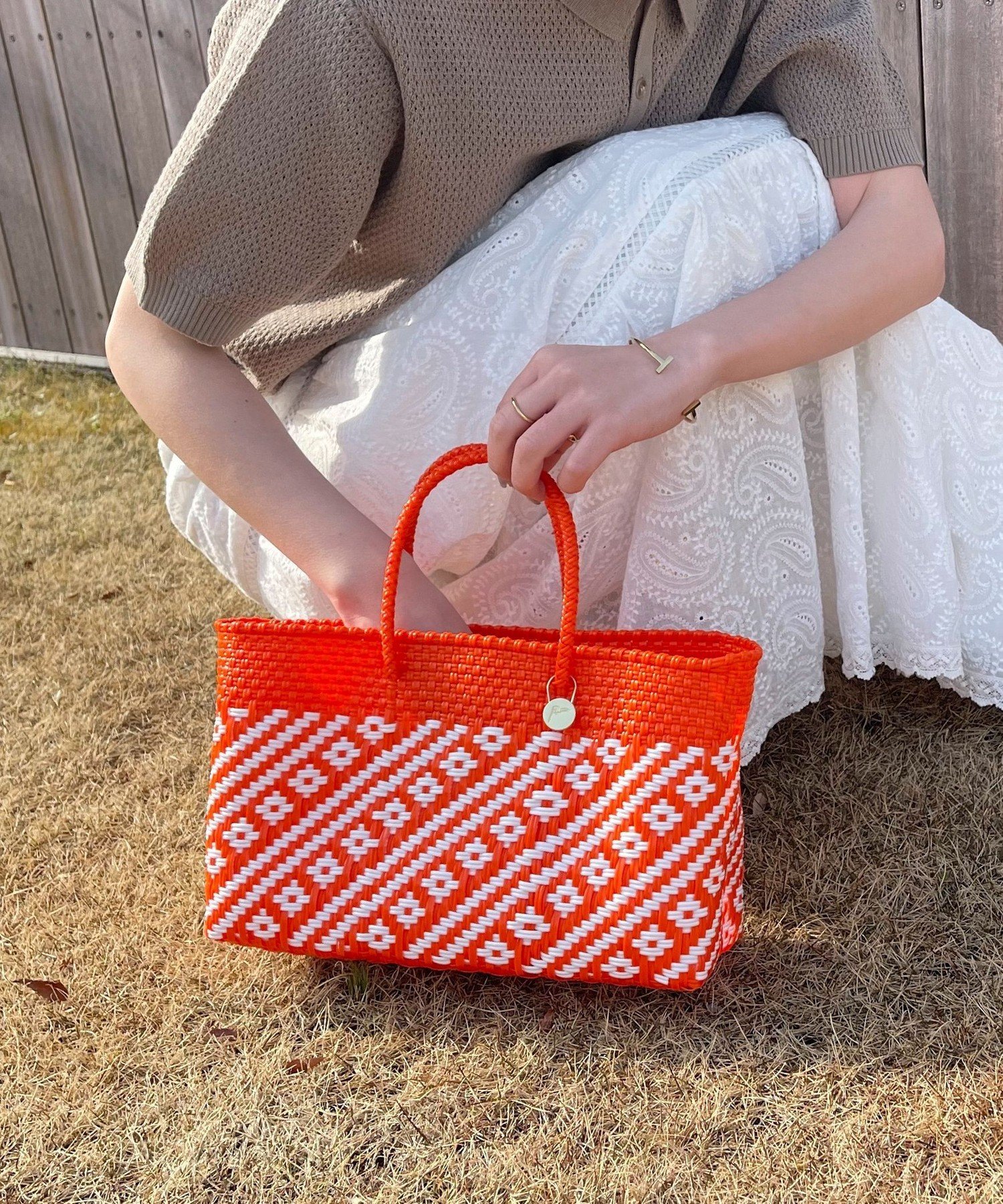 【SALE／30%OFF】fredy emue 【Letra/レトラ】柄編みメルカドバッグ ショートタイプ フレディ アンド グロスター バッグ かごバッグ オレンジ グリーン ブラック【送料無料】のサムネイル