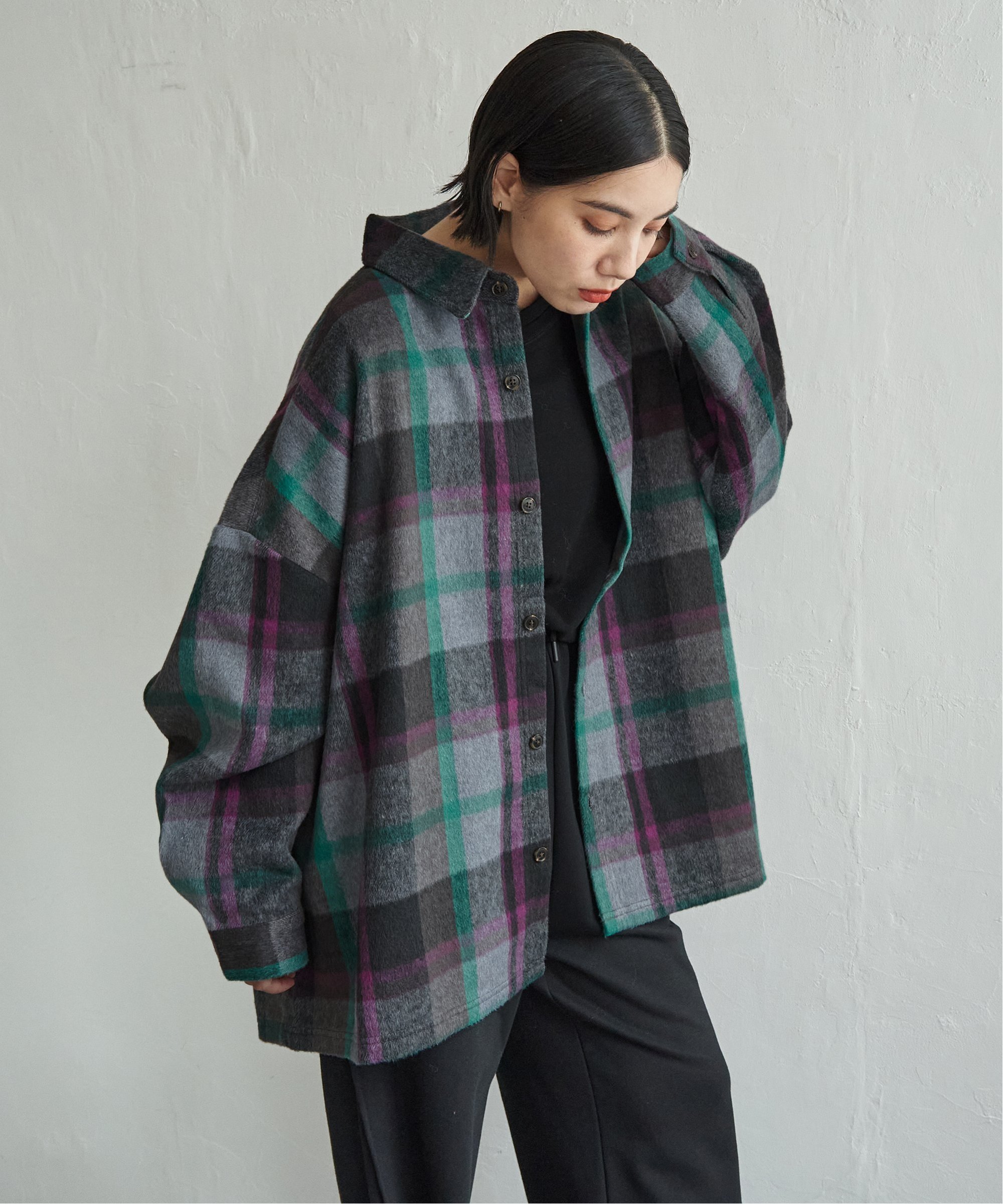 notch. BEVERLY HILLS POLO CLUB シャギーチェックシャツジャケット ノッチ トップス シャツ・ブラウス グレー ブラウン パープル レッド