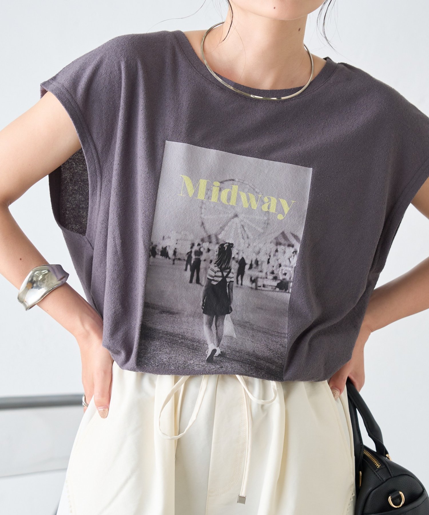 【夏も快適/ドライタッチ】アソートフォトプリントフレンチスリーブTee チャオパニックティピー トップス カットソー・Tシャツ グレー ホワイト