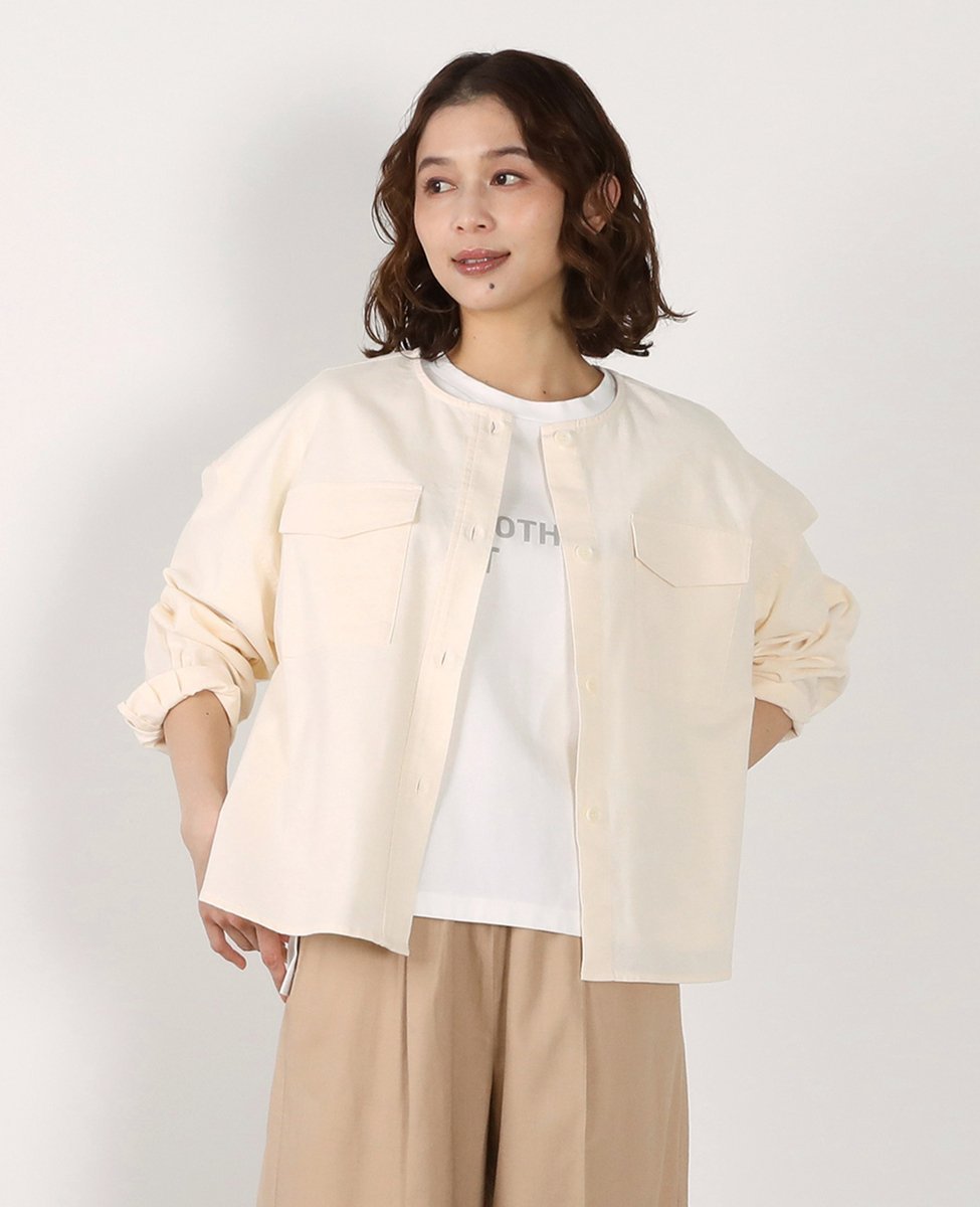 Linen, Hemp - MELROSE CLAIRE 【綿麻クルーシャツジャケット】 メルローズクレール ジャケット・アウター ノーカラージャケット ネイビー カーキグリーン ベージュ【送料無料】