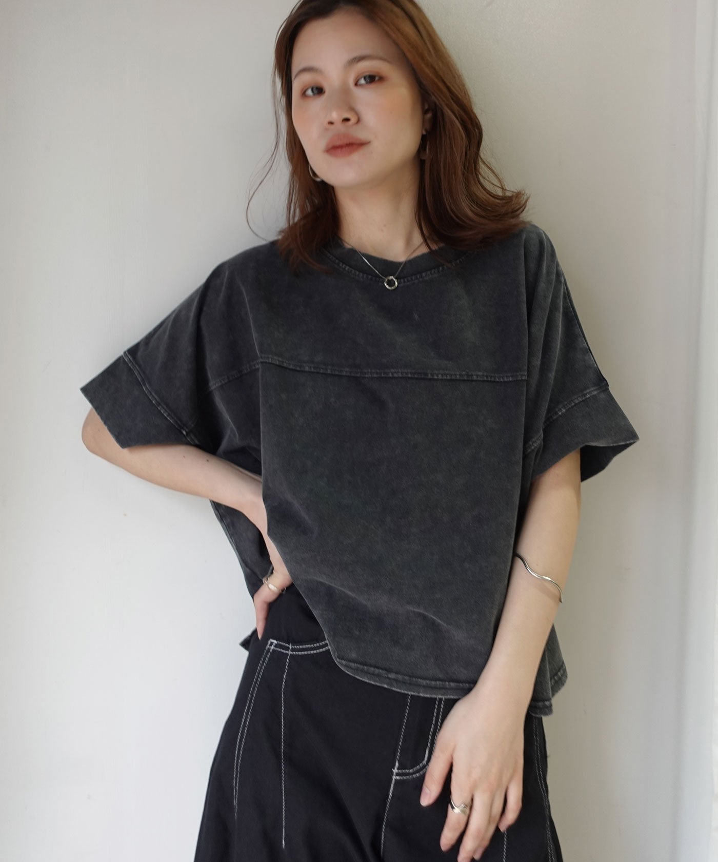 ケミカル加工クロップドワイドTシャツ コーナーズ トップス カットソー・Tシャツ グレー