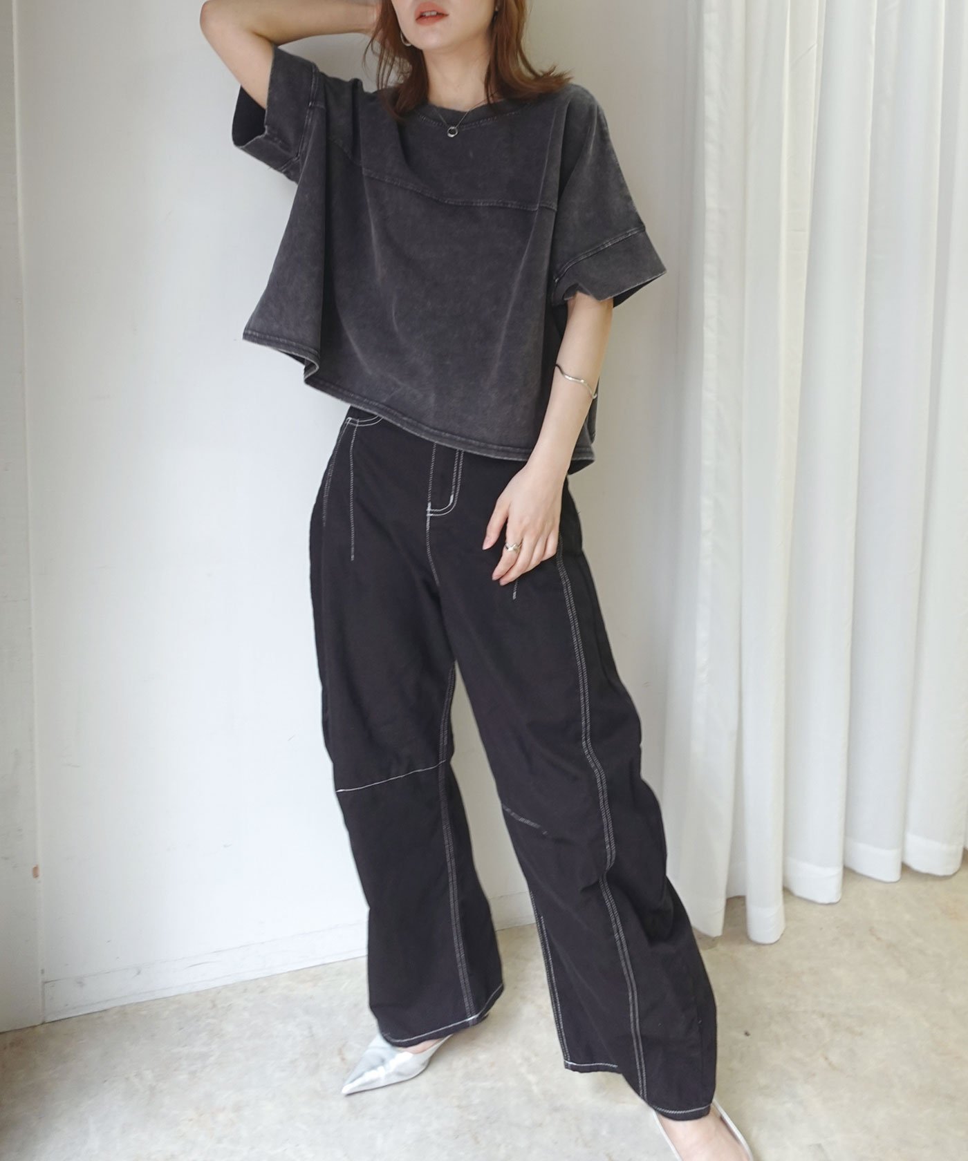 ケミカル加工クロップドワイドTシャツ コーナーズ トップス カットソー・Tシャツ グレー
