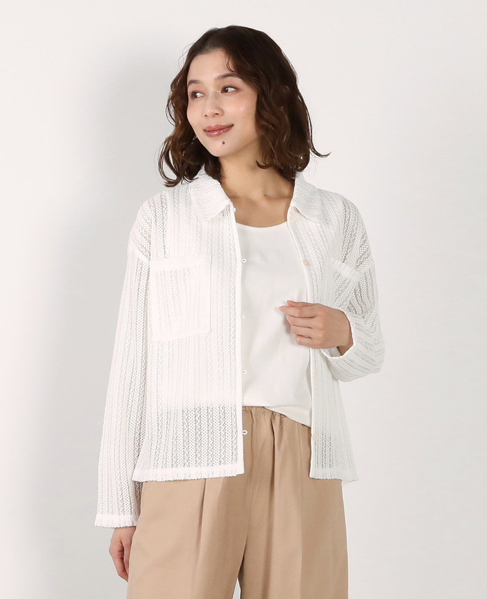 MELROSE CLAIRE 【ラッセルレース襟付きカットソーカーディガン】 メルローズクレール トップス シャツ・ブラウス ブラック ホワイト【送料無料】