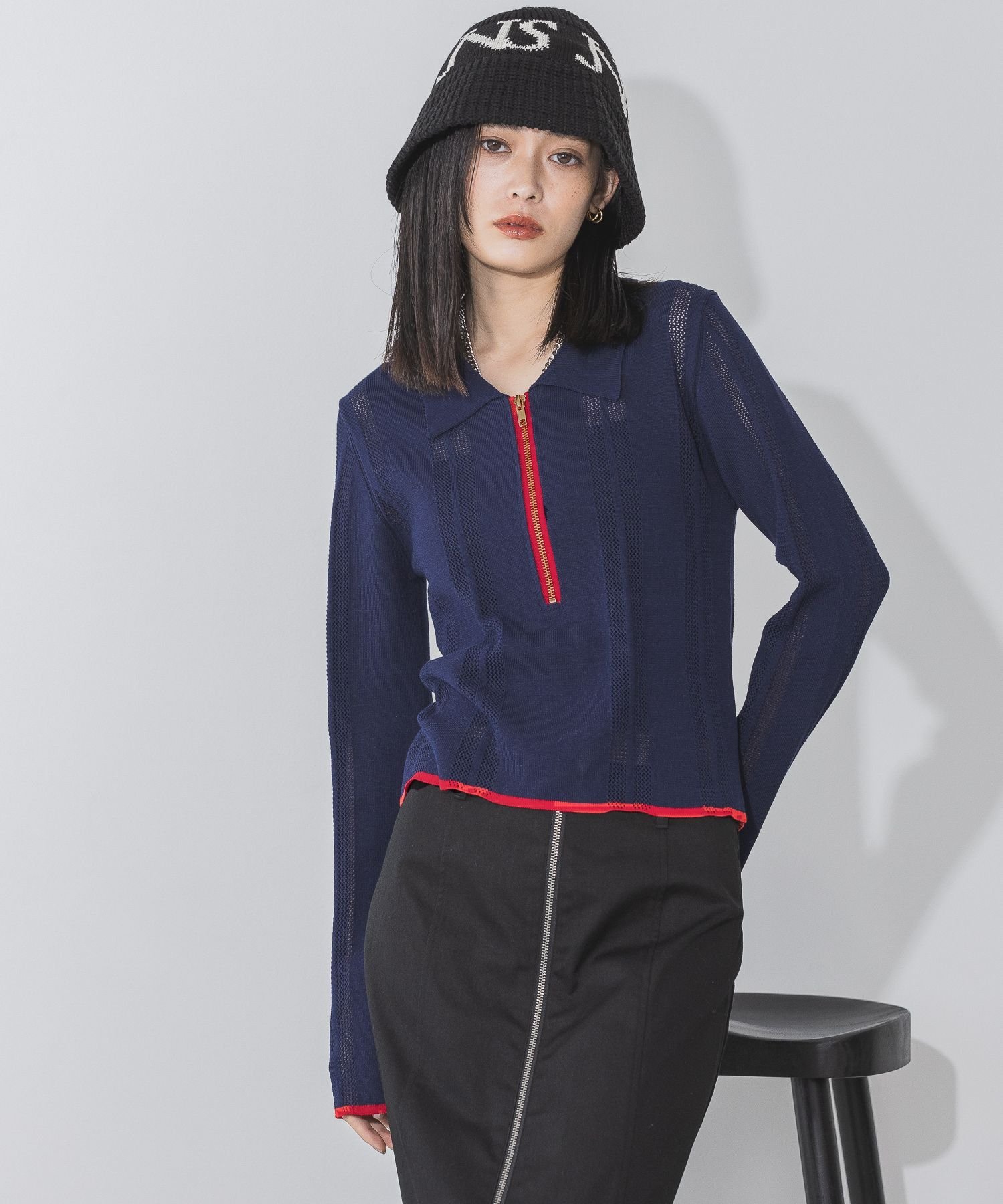 【SALE／50%OFF】JEANASIS ハーフZIPポロニットプルオーバー ジーナシス トップス ニット ホワイト ネイビー グリーンのサムネイル