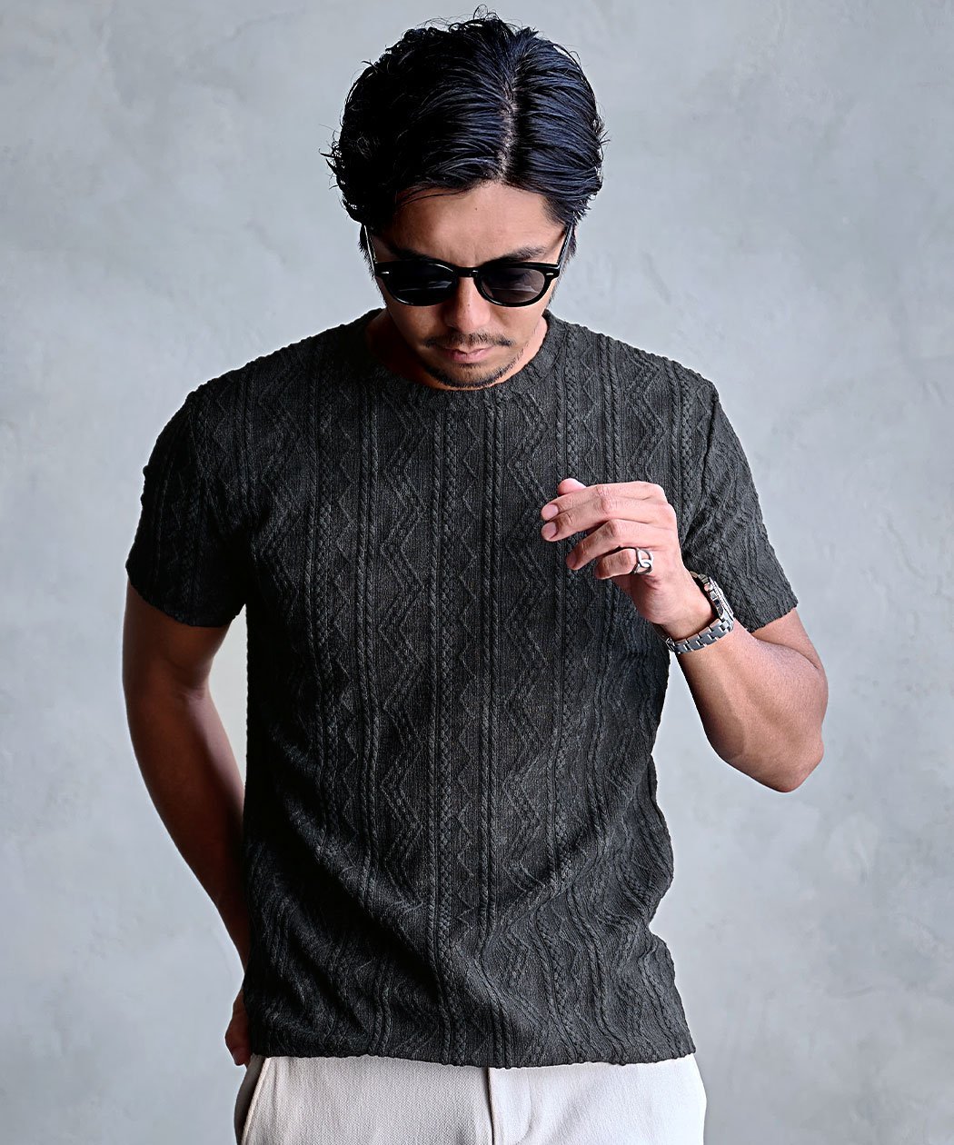 CavariA 汚し加工ジグザグケーブル半袖クルーネックTEE シルバーバレット トップス カットソー・Tシャツ ネイビー ブラック グレー